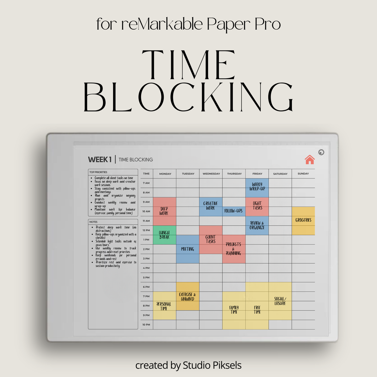 Landscape Time Blocker With Week Schedule for reMarkable Paper Pro