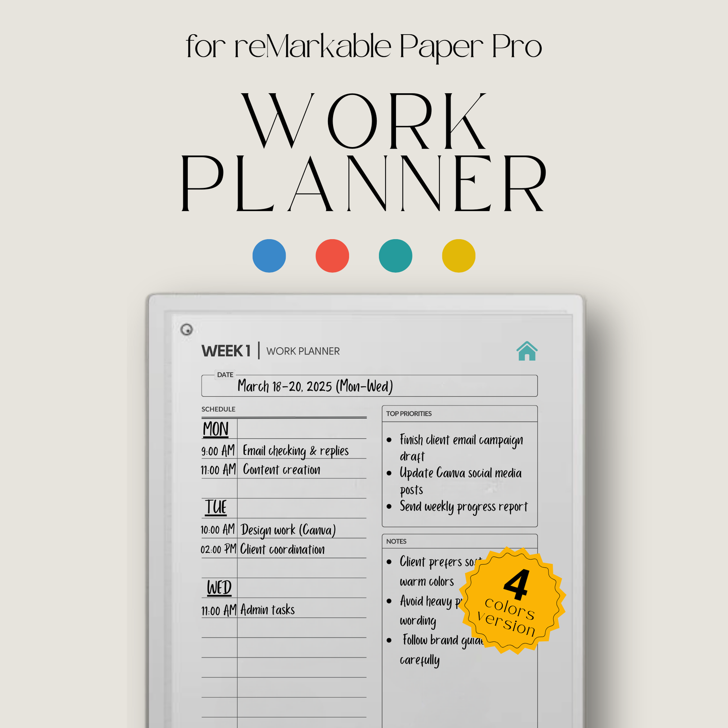 Weekly Work Session Planner for reMarkable Paper Pro