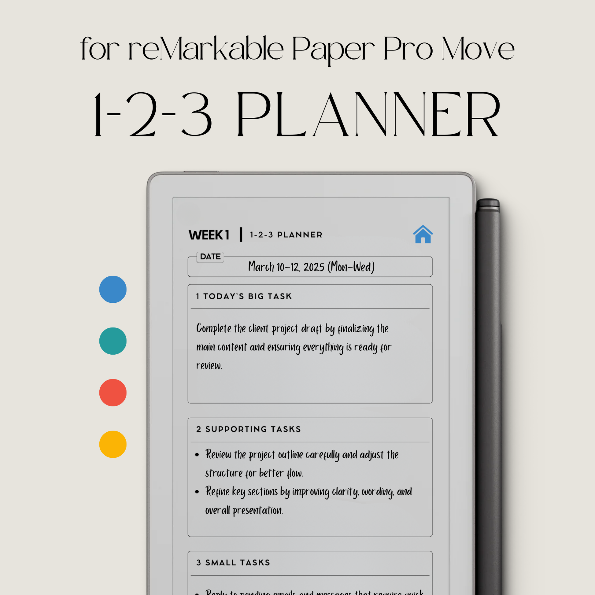 Hyperlinked 123 weekly planner PDF for reMarkable Paper Pro Move with priority layout and checklist pages.