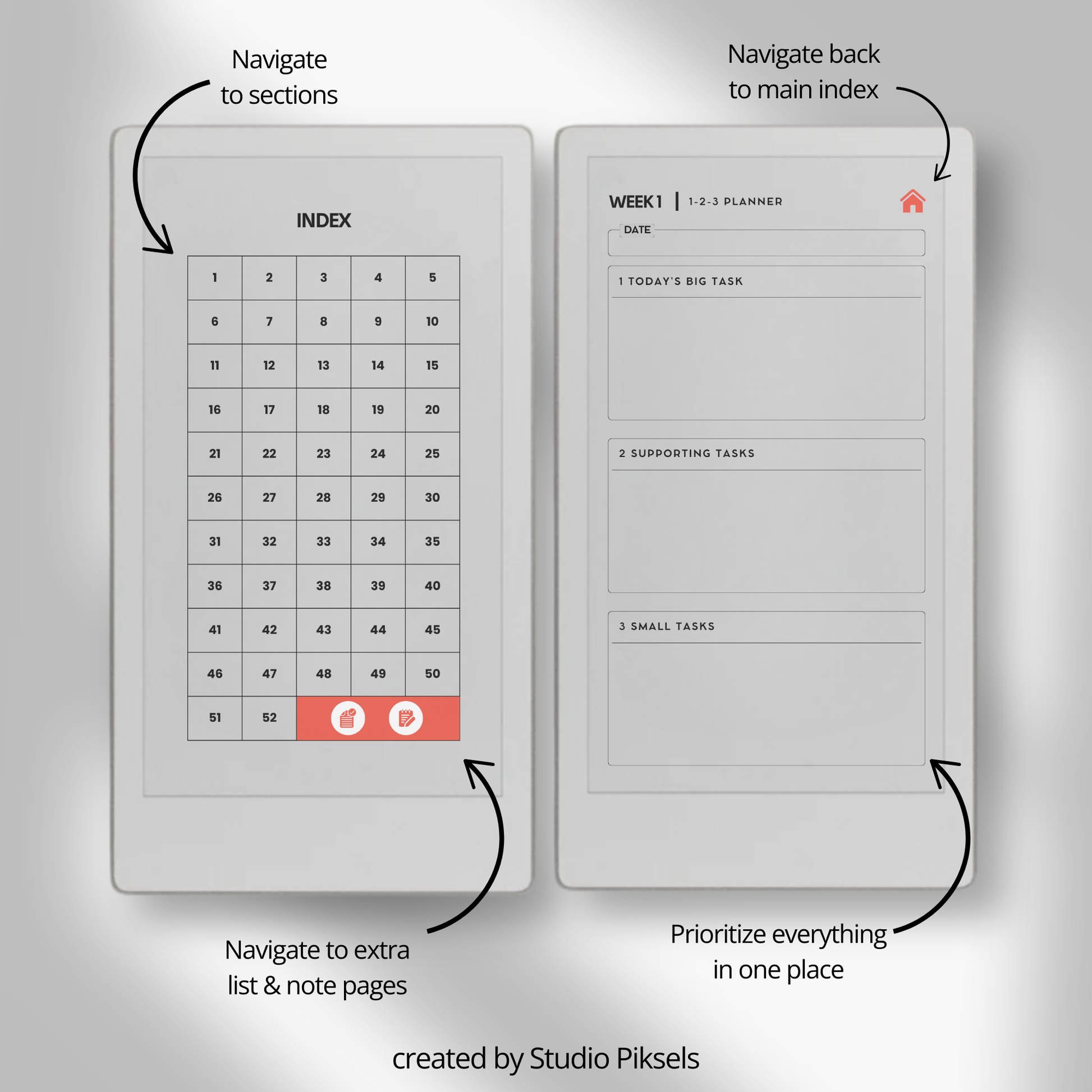 Hyperlinked 123 weekly planner PDF for reMarkable Paper Pro Move with priority layout and checklist pages.