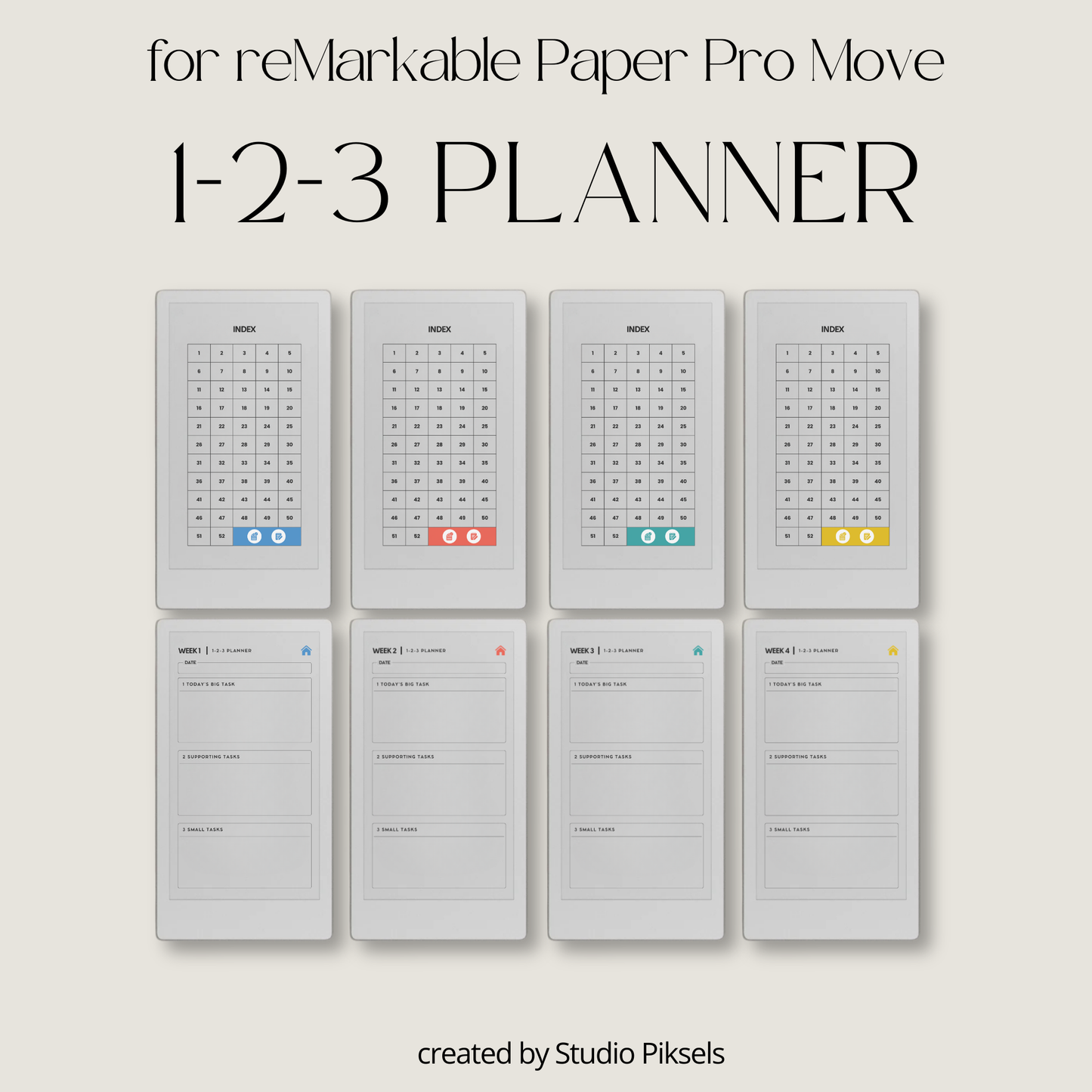 Hyperlinked 123 weekly planner PDF for reMarkable Paper Pro Move with priority layout and checklist pages.