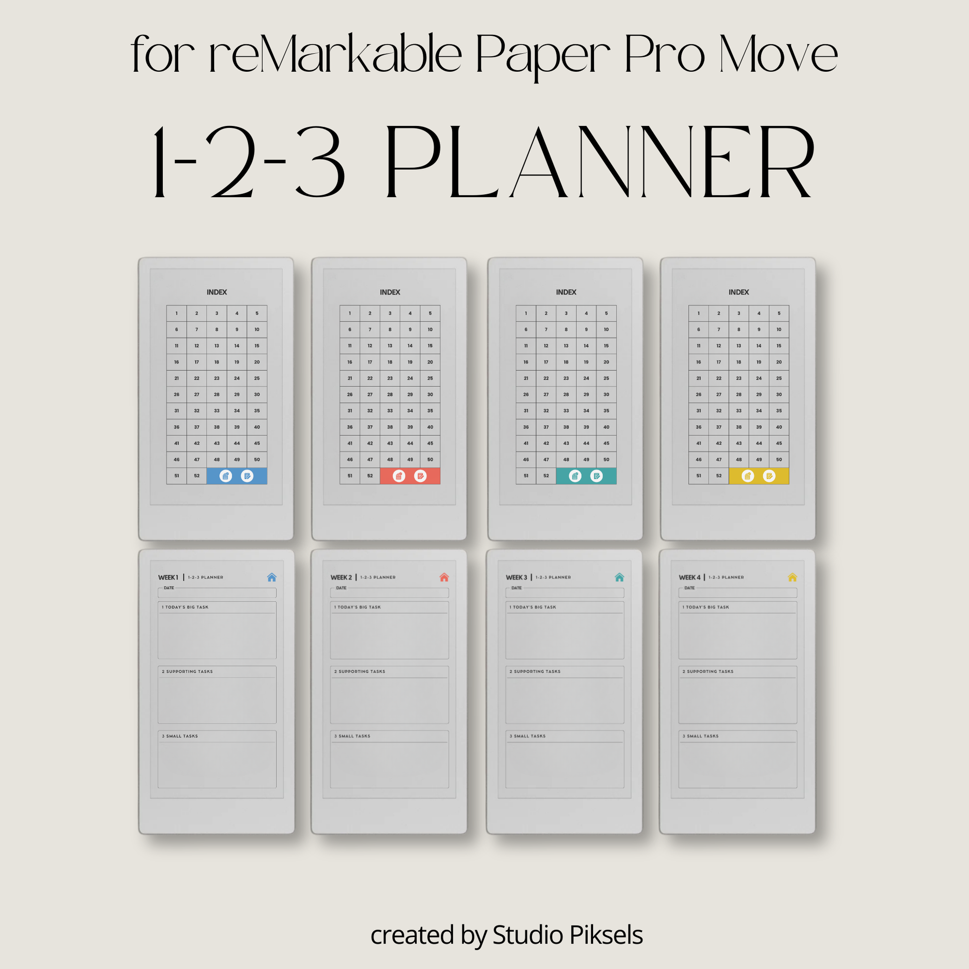 Hyperlinked 123 weekly planner PDF for reMarkable Paper Pro Move with priority layout and checklist pages.