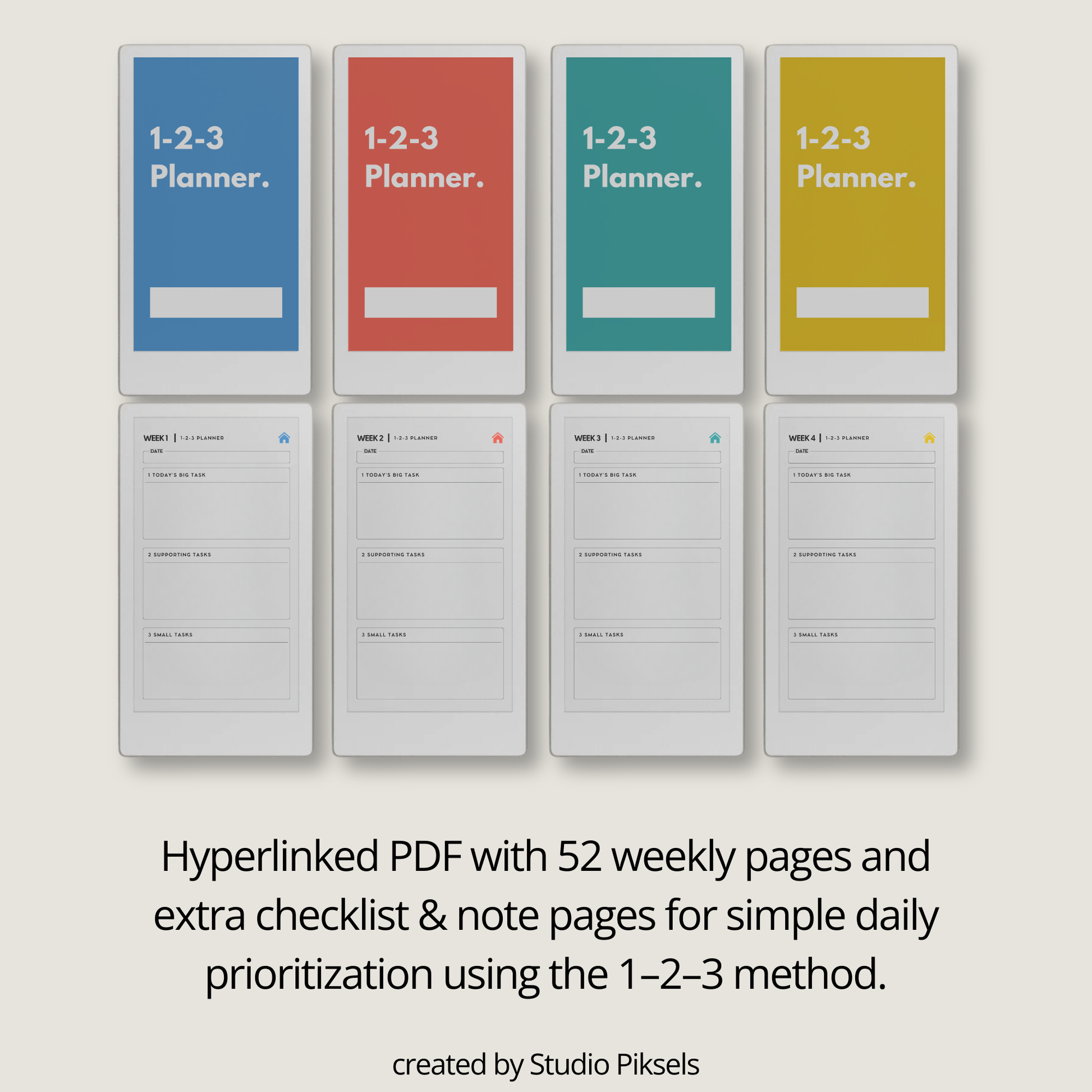 Hyperlinked 123 weekly planner PDF for reMarkable Paper Pro Move with priority layout and checklist pages.