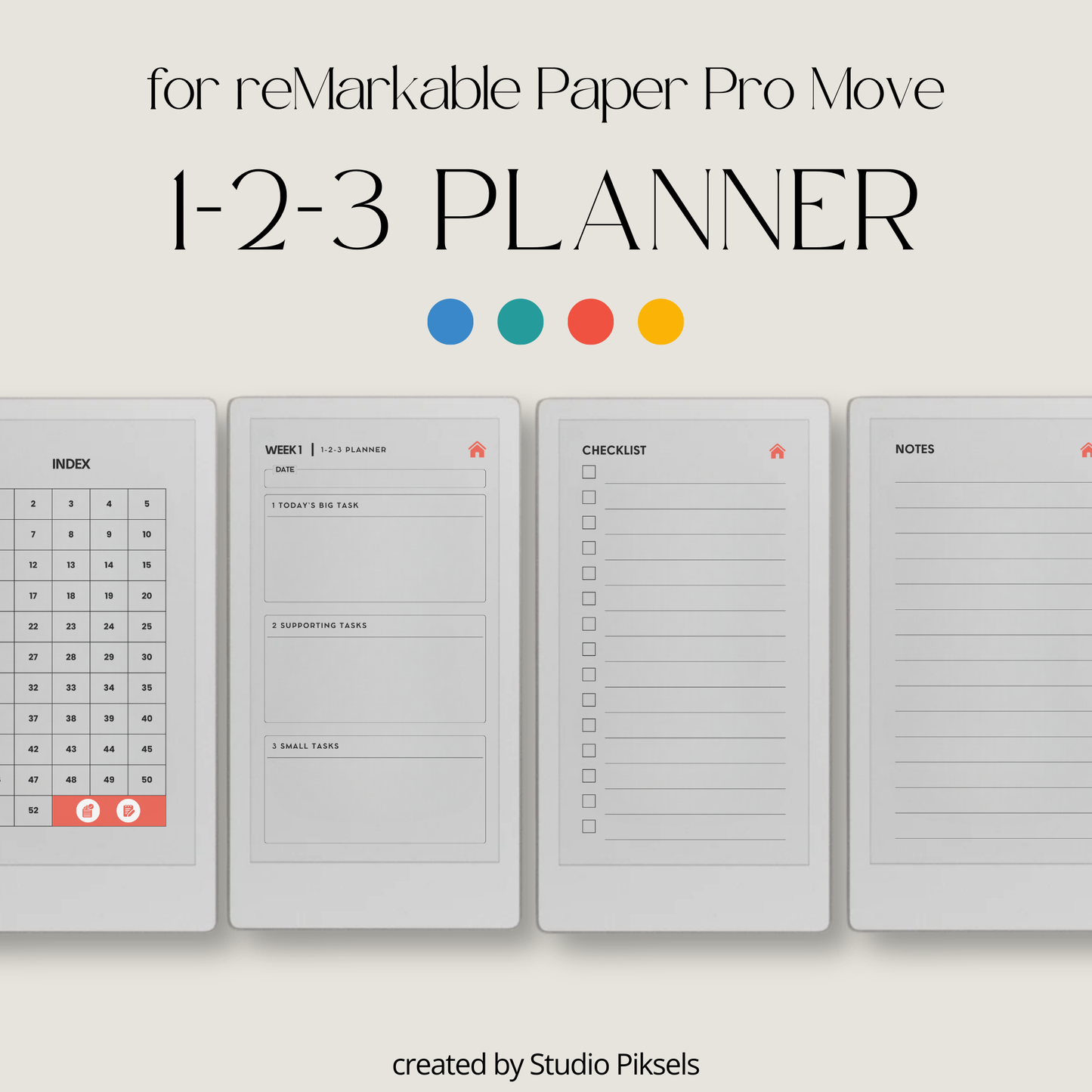Hyperlinked 123 weekly planner PDF for reMarkable Paper Pro Move with priority layout and checklist pages.