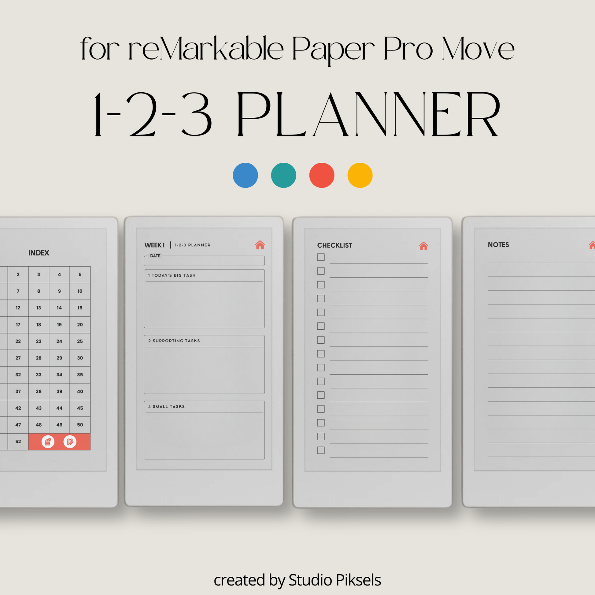 Hyperlinked 123 weekly planner PDF for reMarkable Paper Pro Move with priority layout and checklist pages.