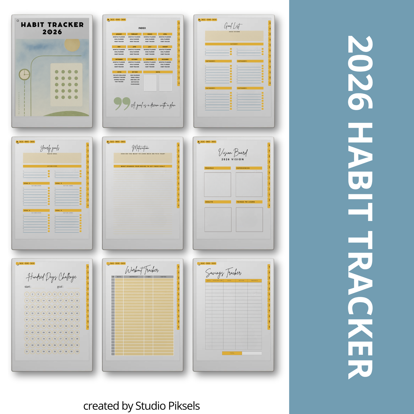 2026 + 2027 Habit Tracker for reMarkable Paper Pro with 56 hyperlinked pages for habits, goals, routines, tasks, and progress tracking.