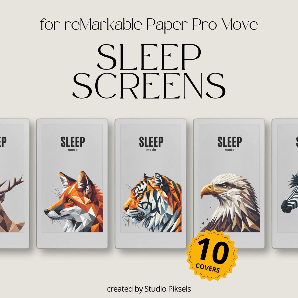 Customize your device with this Animal Art Sleep Screen Bundle designed for reMarkable Paper Pro Move. This collection includes 10 geometric animal sleep screen designs featuring modern digital artwork, bold colors, and stylized wildlife portraits that bring a creative and artistic look to your device during sleep mode.