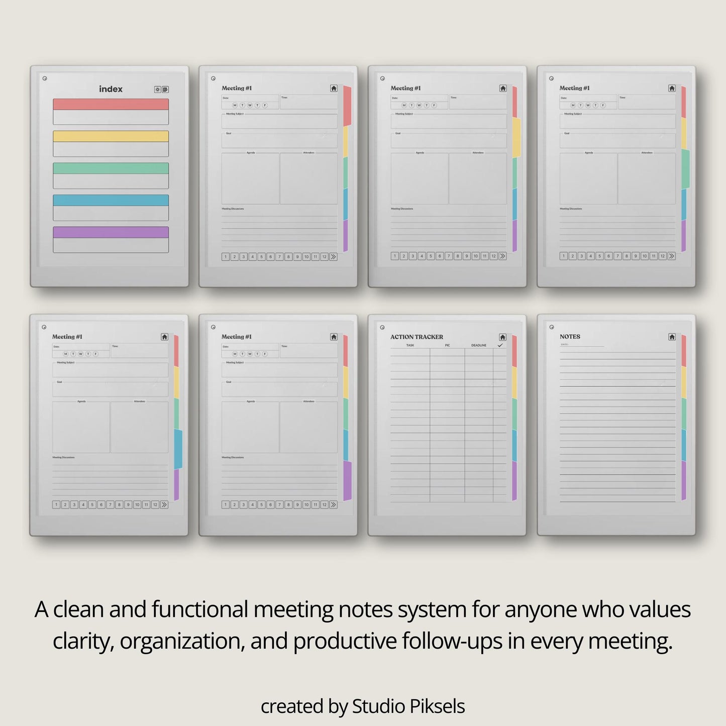 Meeting notes notebook for reMarkable Paper Pro with 120 hyperlinked sections and structured meeting pages.