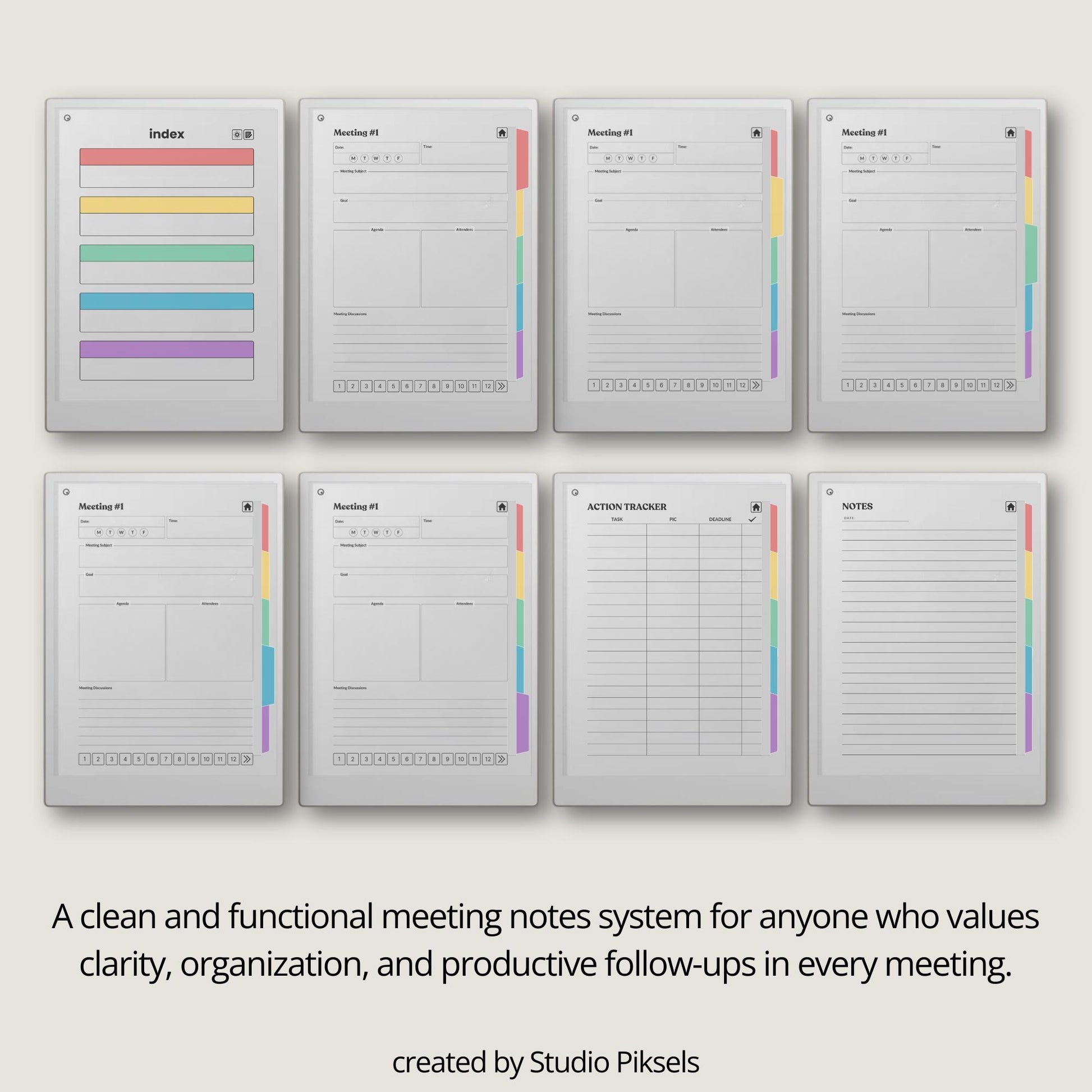 Meeting notes notebook for reMarkable Paper Pro with 120 hyperlinked sections and structured meeting pages.