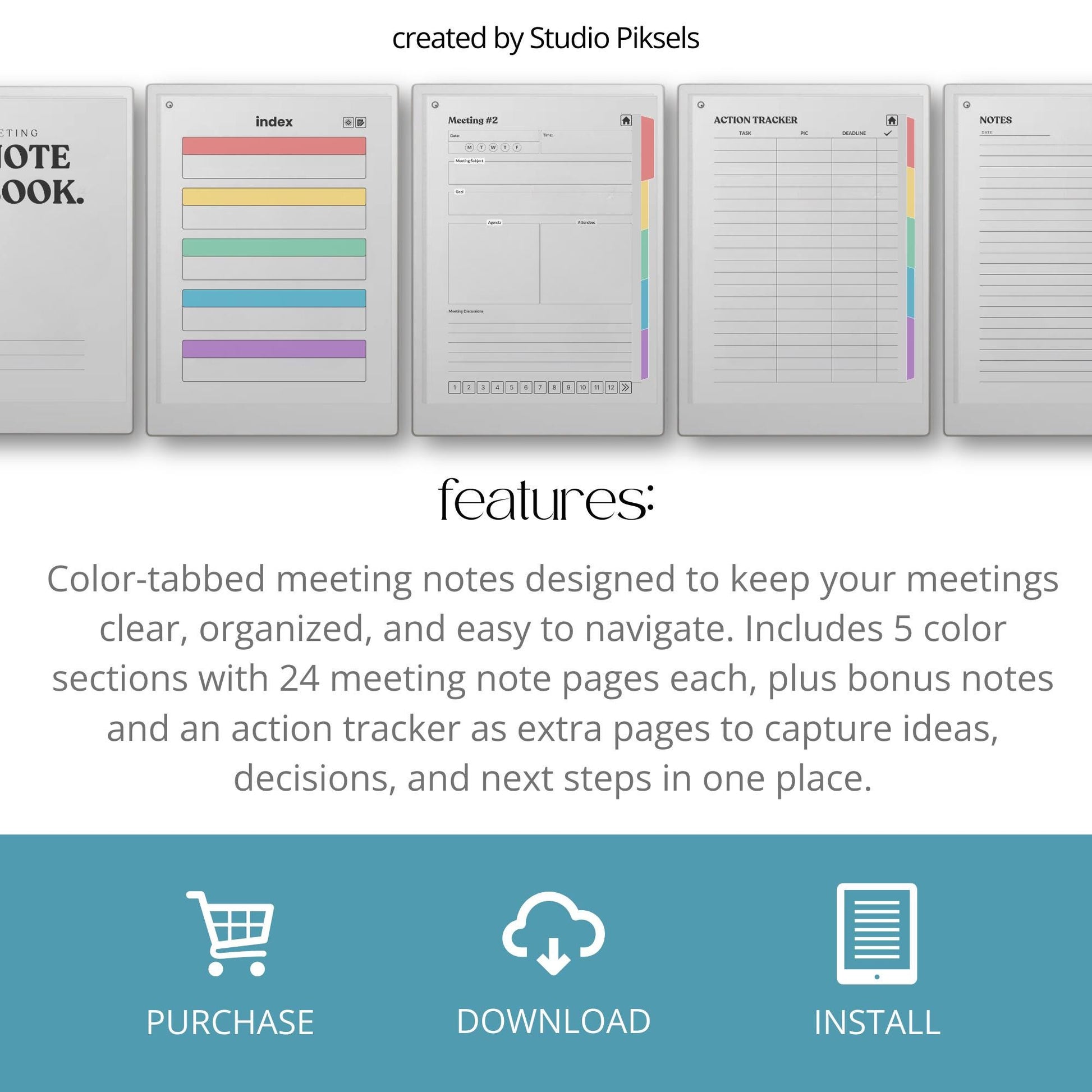 Meeting notes notebook for reMarkable Paper Pro with 120 hyperlinked sections and structured meeting pages.