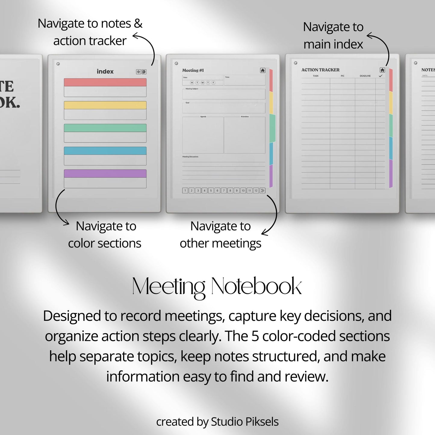 Meeting notes notebook for reMarkable Paper Pro with 120 hyperlinked sections and structured meeting pages.