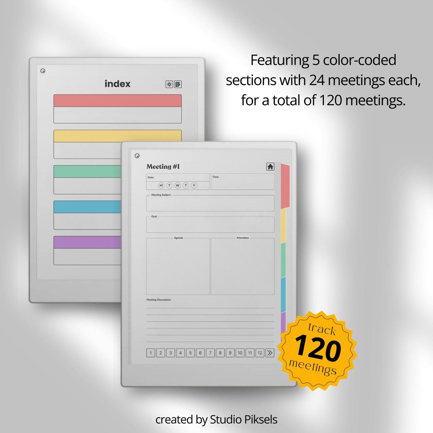 Meeting notes notebook for reMarkable Paper Pro with 120 hyperlinked sections and structured meeting pages.