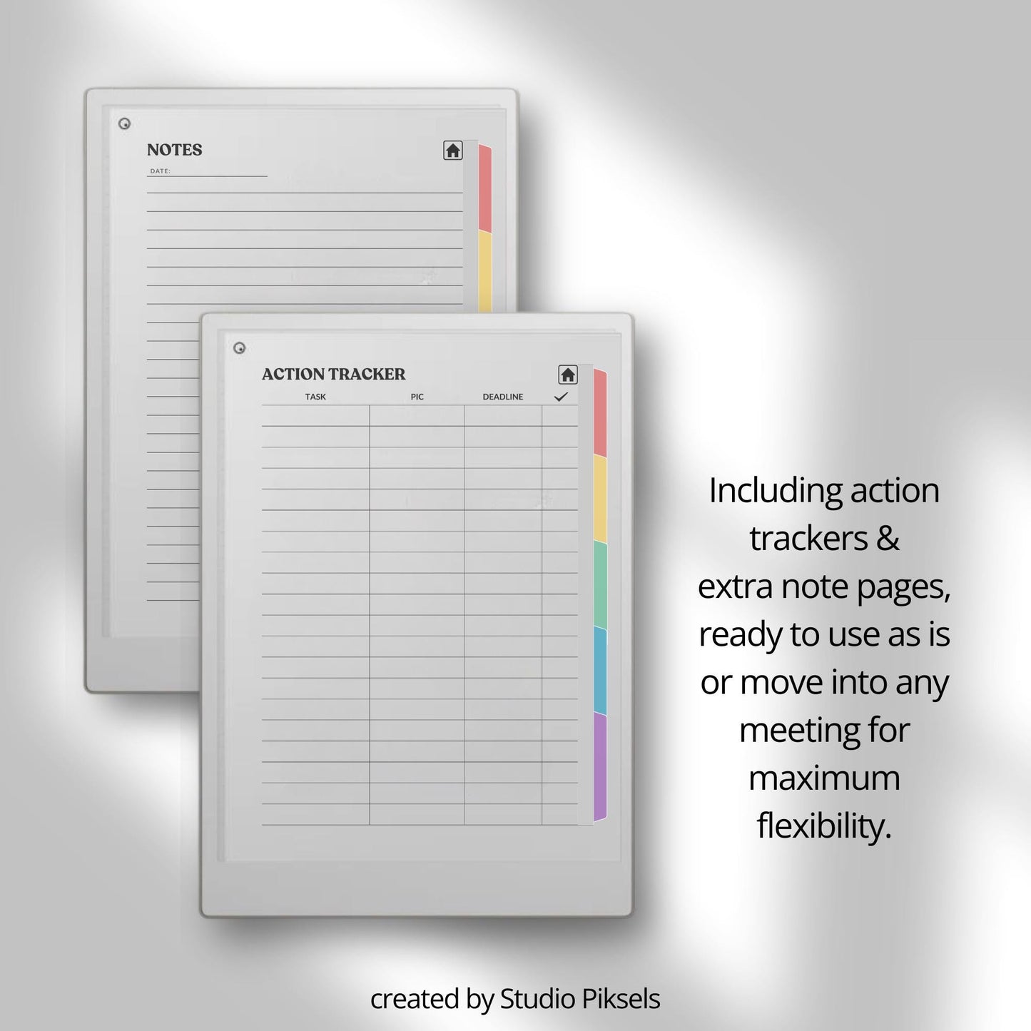Meeting notes notebook for reMarkable Paper Pro with 120 hyperlinked sections and structured meeting pages.