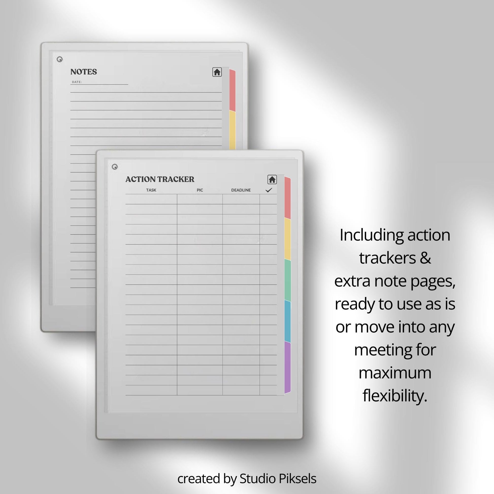 Meeting notes notebook for reMarkable Paper Pro with 120 hyperlinked sections and structured meeting pages.
