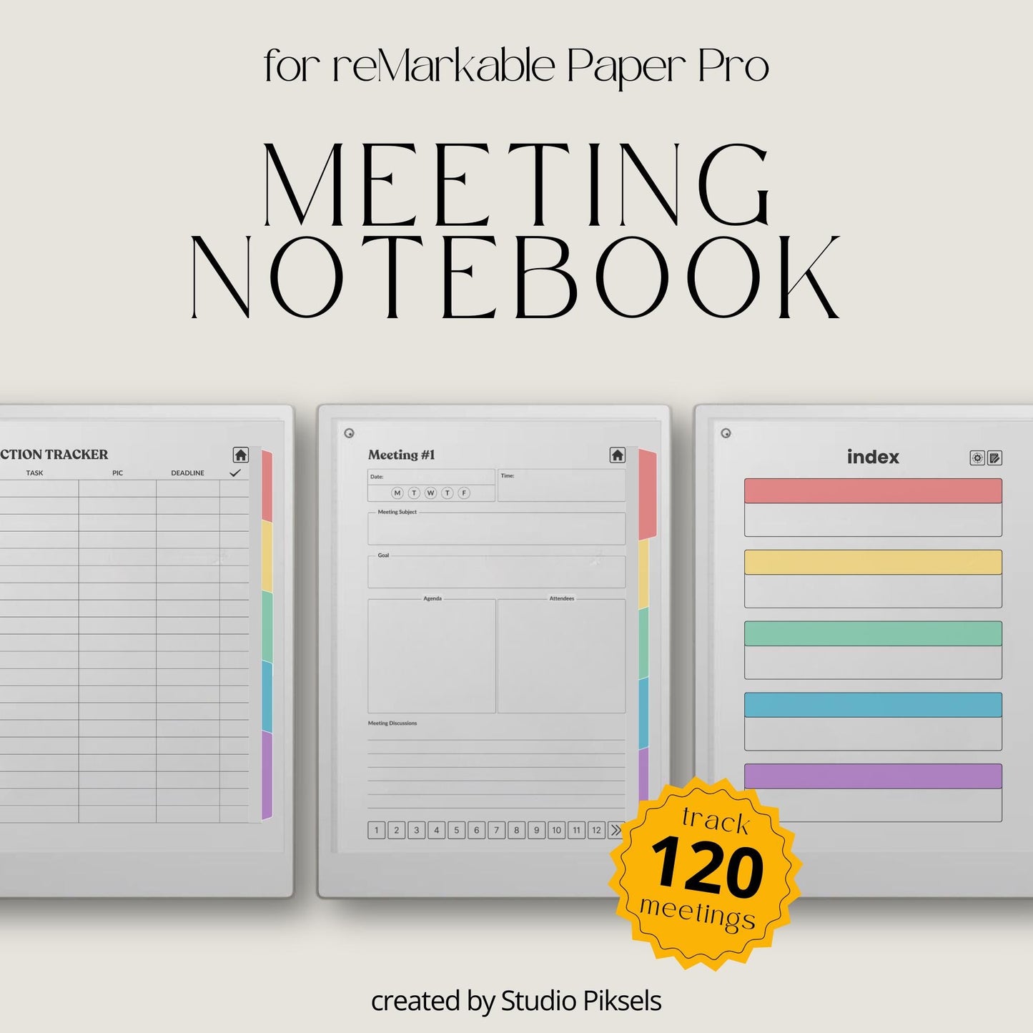 Meeting notes notebook for reMarkable Paper Pro with 120 hyperlinked sections and structured meeting pages.