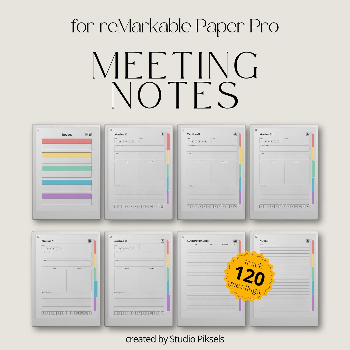 Meeting notes notebook for reMarkable Paper Pro with 120 hyperlinked sections and structured meeting pages.