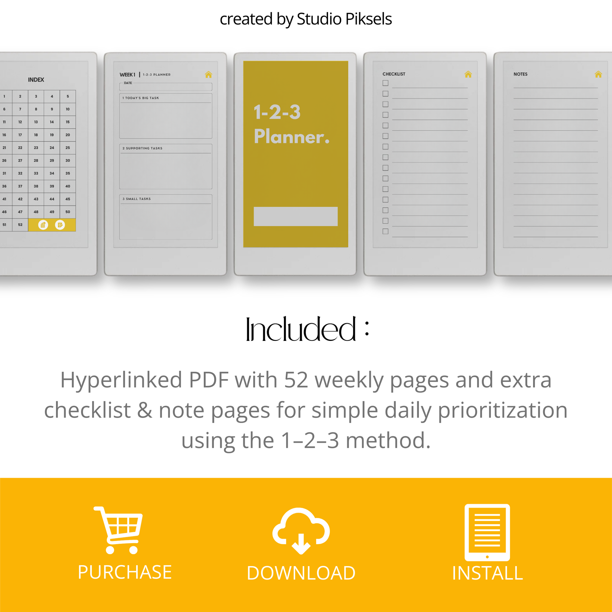 Hyperlinked 123 weekly planner PDF for reMarkable Paper Pro Move with priority layout and checklist pages.
