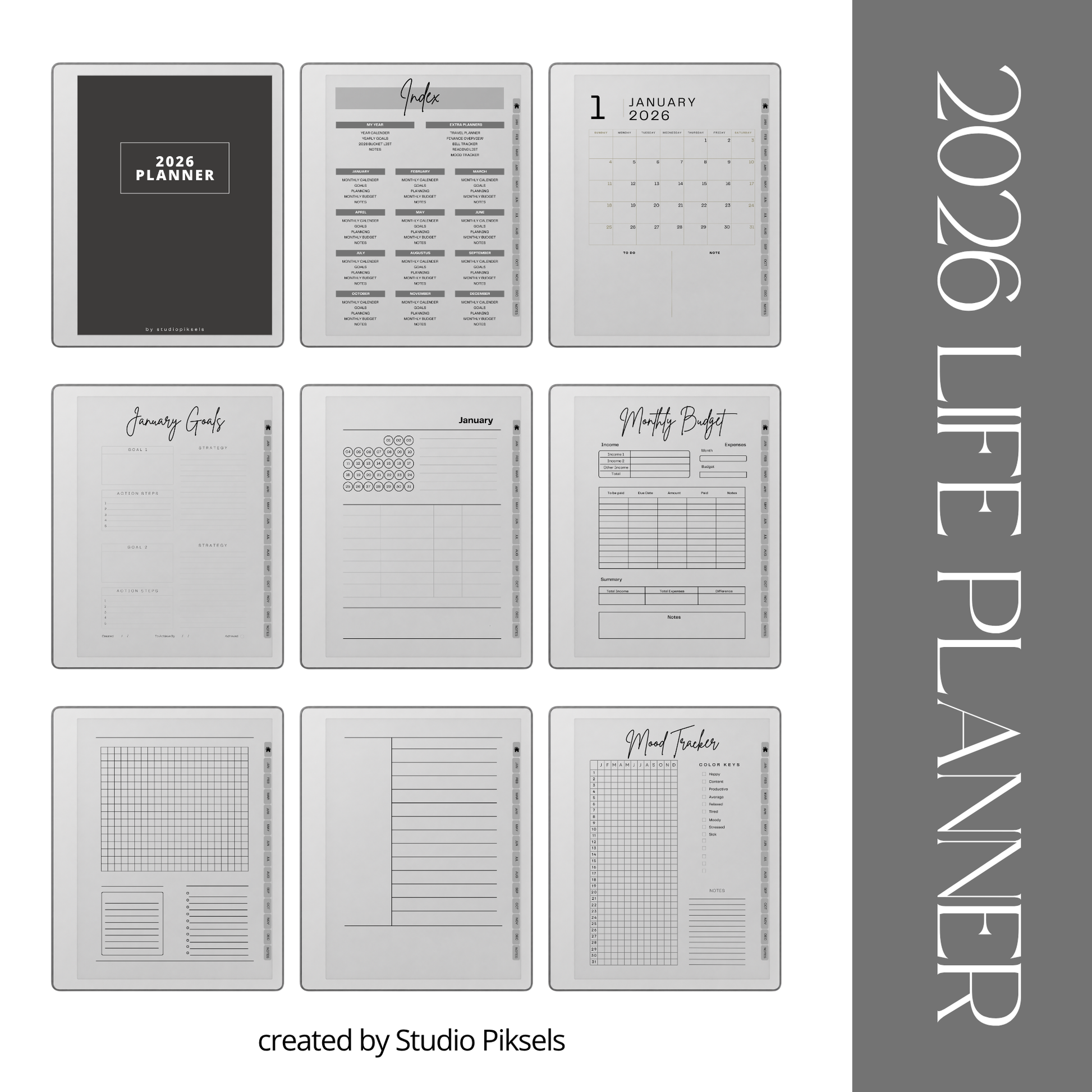 2026 + 2027 Ultimate Life Planner for reMarkable Paper Pure & reMarkable 2 featuring hyperlinked calendars, goal planning, budgeting, notes, and minimalist layouts.