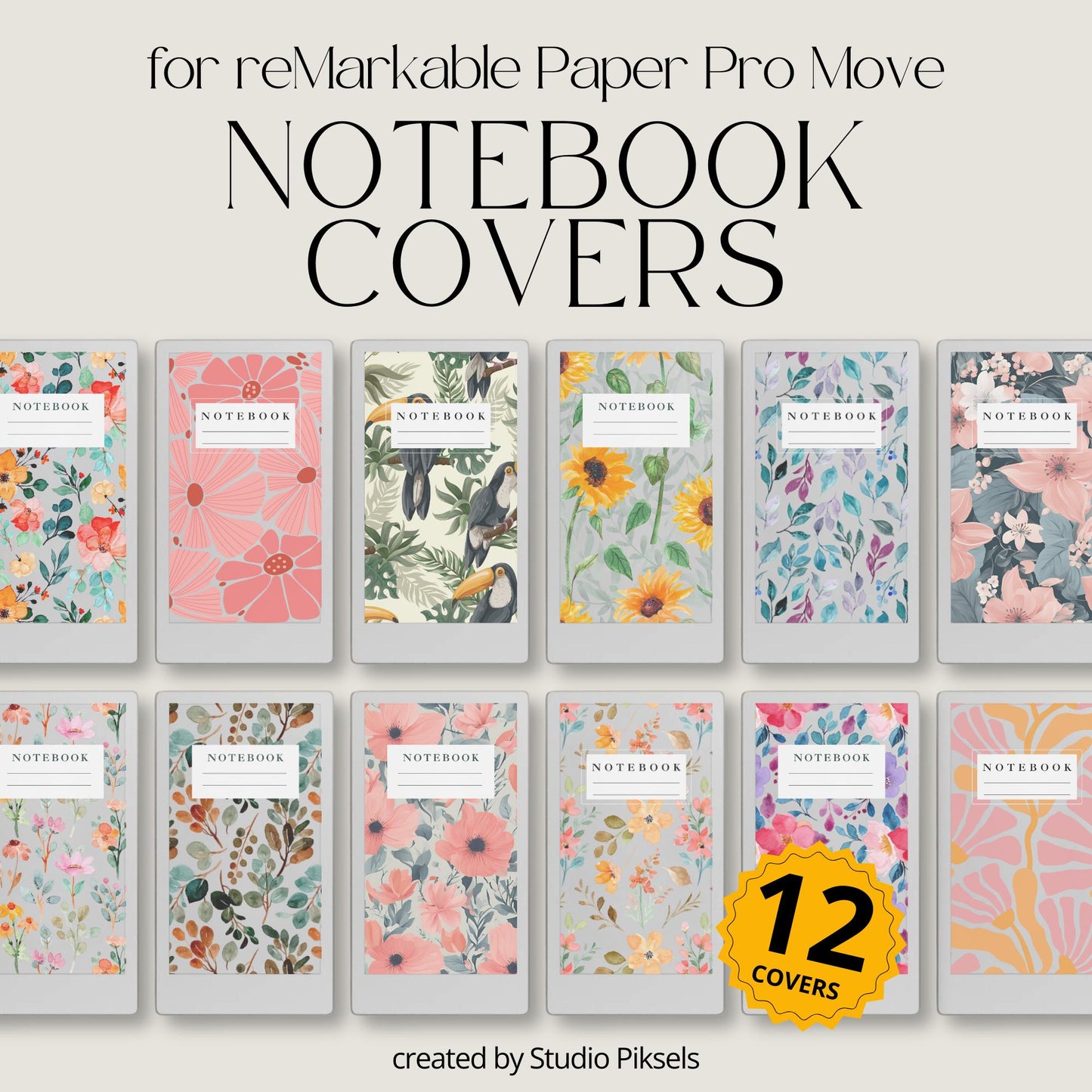 Digital notebooks with this Floral Notebook Cover Bundle designed for reMarkable Paper Pro Move. Featuring watercolor flowers, botanical patterns, and elegant floral artwork.