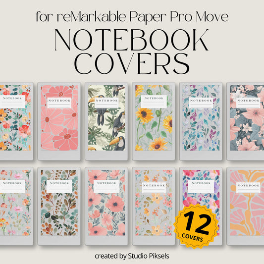 Digital notebooks with this Floral Notebook Cover Bundle designed for reMarkable Paper Pro Move. Featuring watercolor flowers, botanical patterns, and elegant floral artwork.