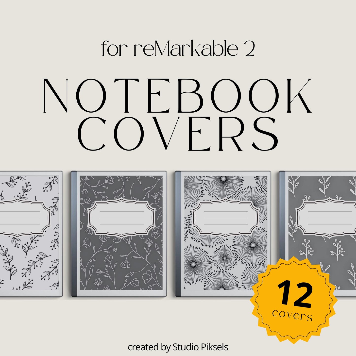 Floral Notebook Cover Bundle for reMarkable featuring 12 monochrome botanical PDF covers for planners, journals, sketchbooks, and digital notebooks.