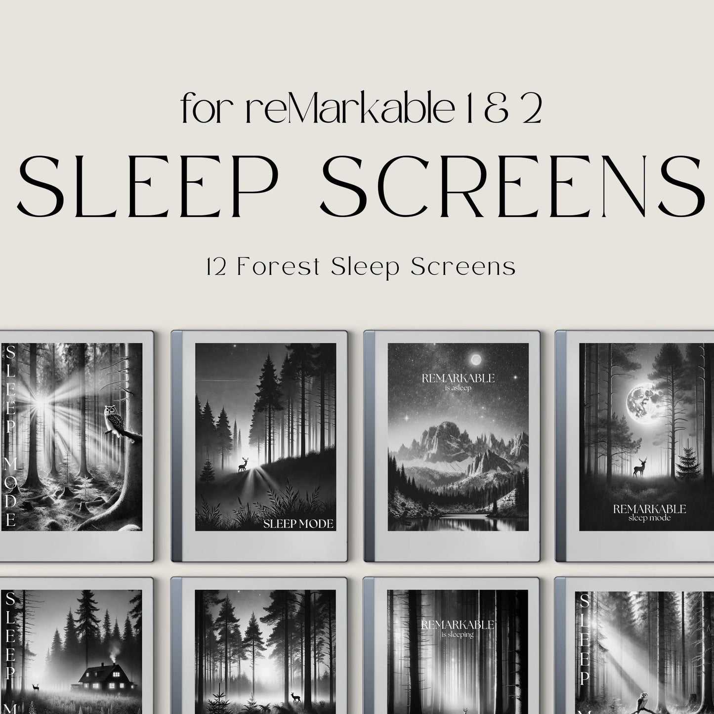 Forest sleep screen bundle for reMarkable 2 and reMarkable Paper Pure with peaceful woodland and mountain artwork in PNG format