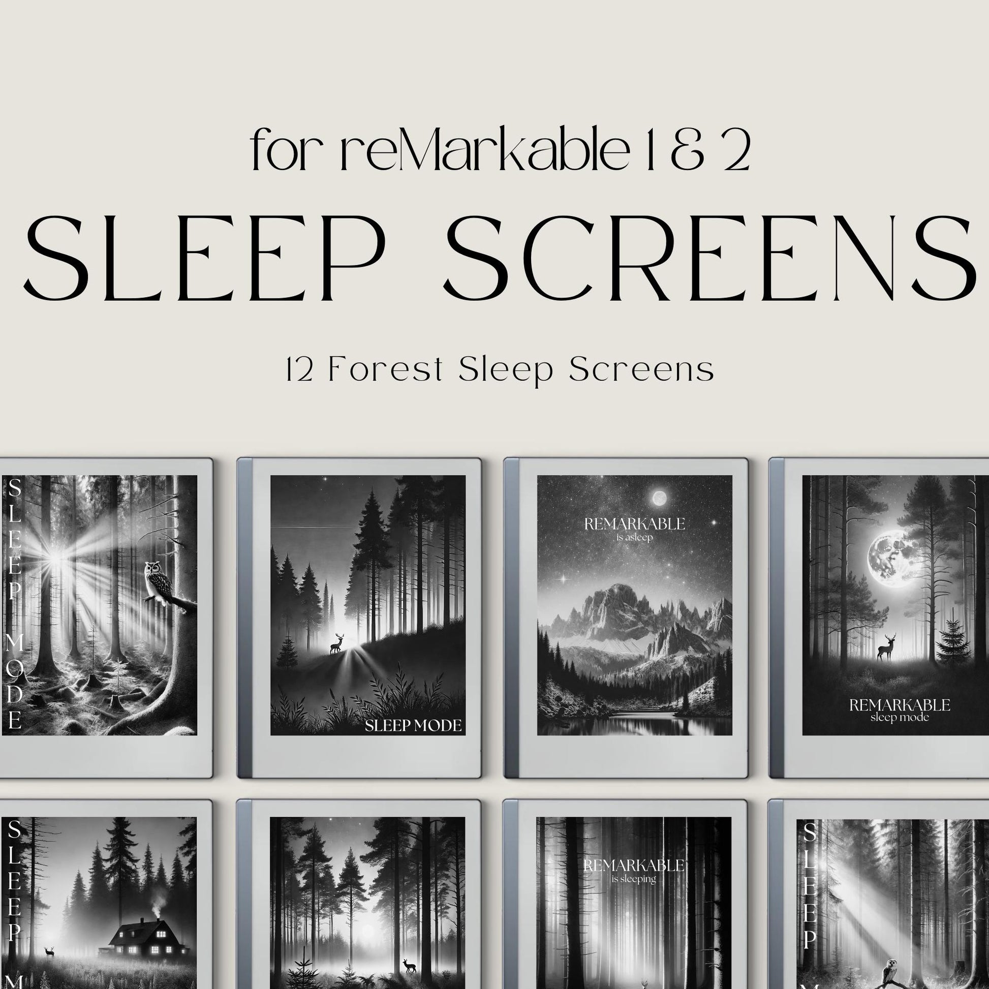 Forest sleep screen bundle for reMarkable 2 and reMarkable Paper Pure with peaceful woodland and mountain artwork in PNG format