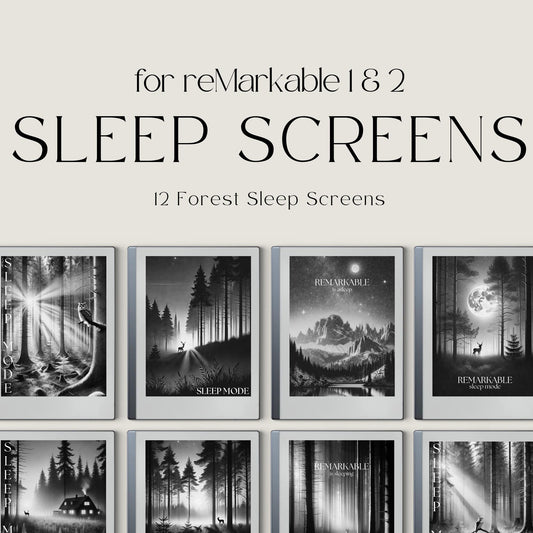 Forest sleep screen bundle for reMarkable 2 and reMarkable Paper Pure with peaceful woodland and mountain artwork in PNG format
