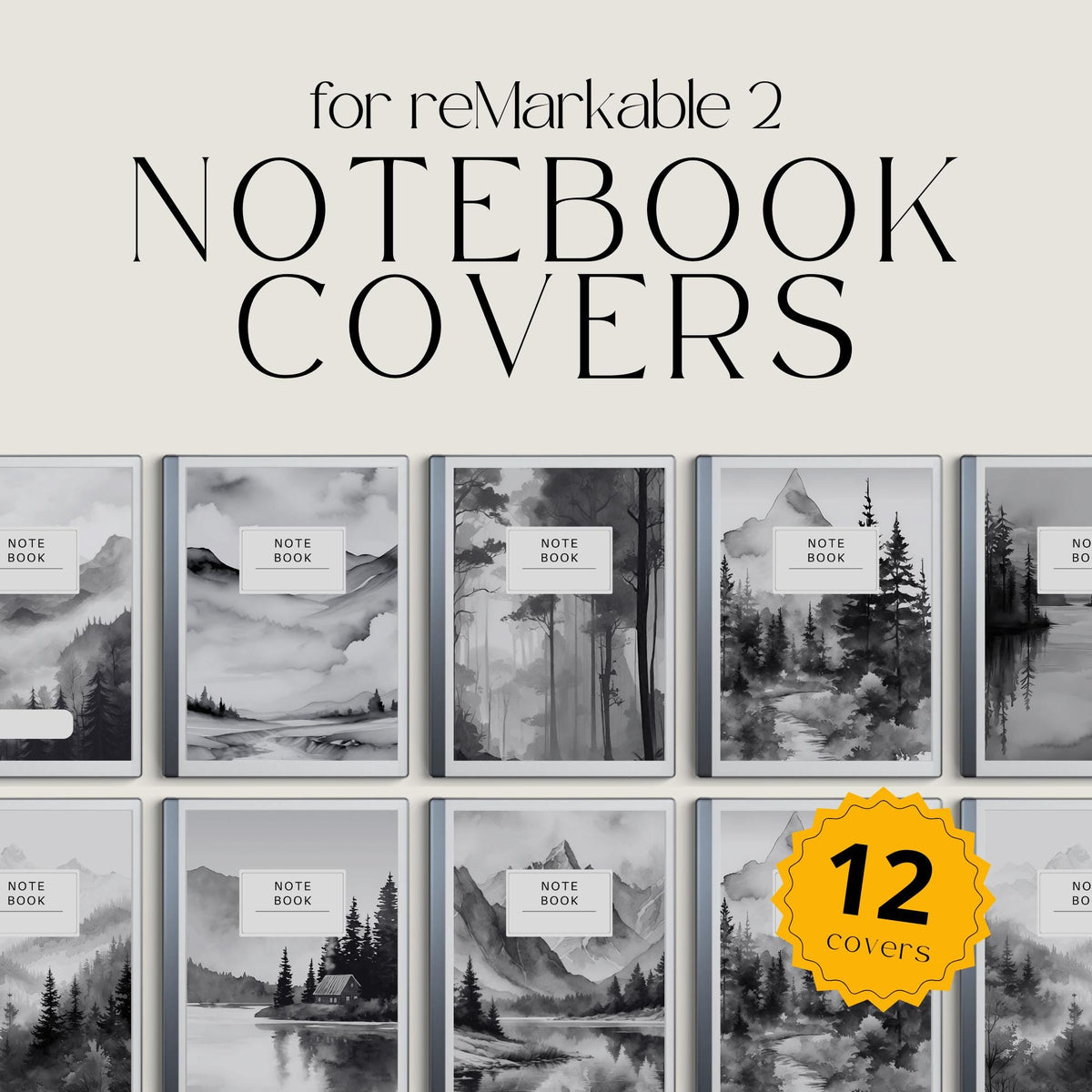 Monochrome landscape notebook covers for reMarkable 2 and reMarkable Paper Pure with black-and-white nature PDF designs
