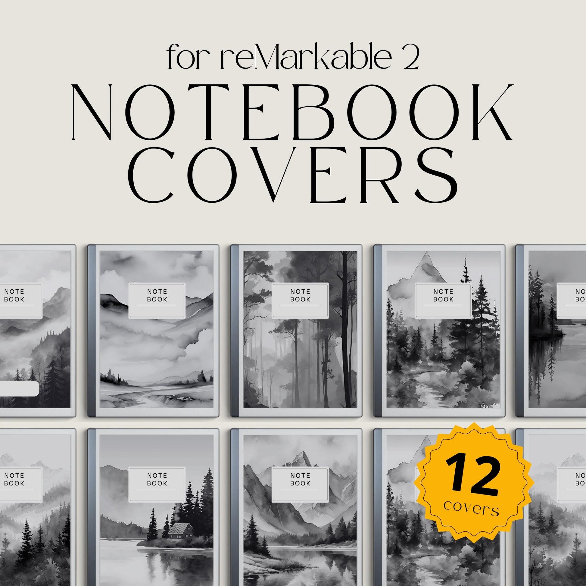 Monochrome landscape notebook covers for reMarkable 2 and reMarkable Paper Pure with black-and-white nature PDF designs