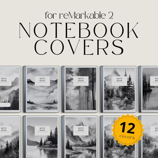 Monochrome landscape notebook covers for reMarkable 2 and reMarkable Paper Pure with black-and-white nature PDF designs