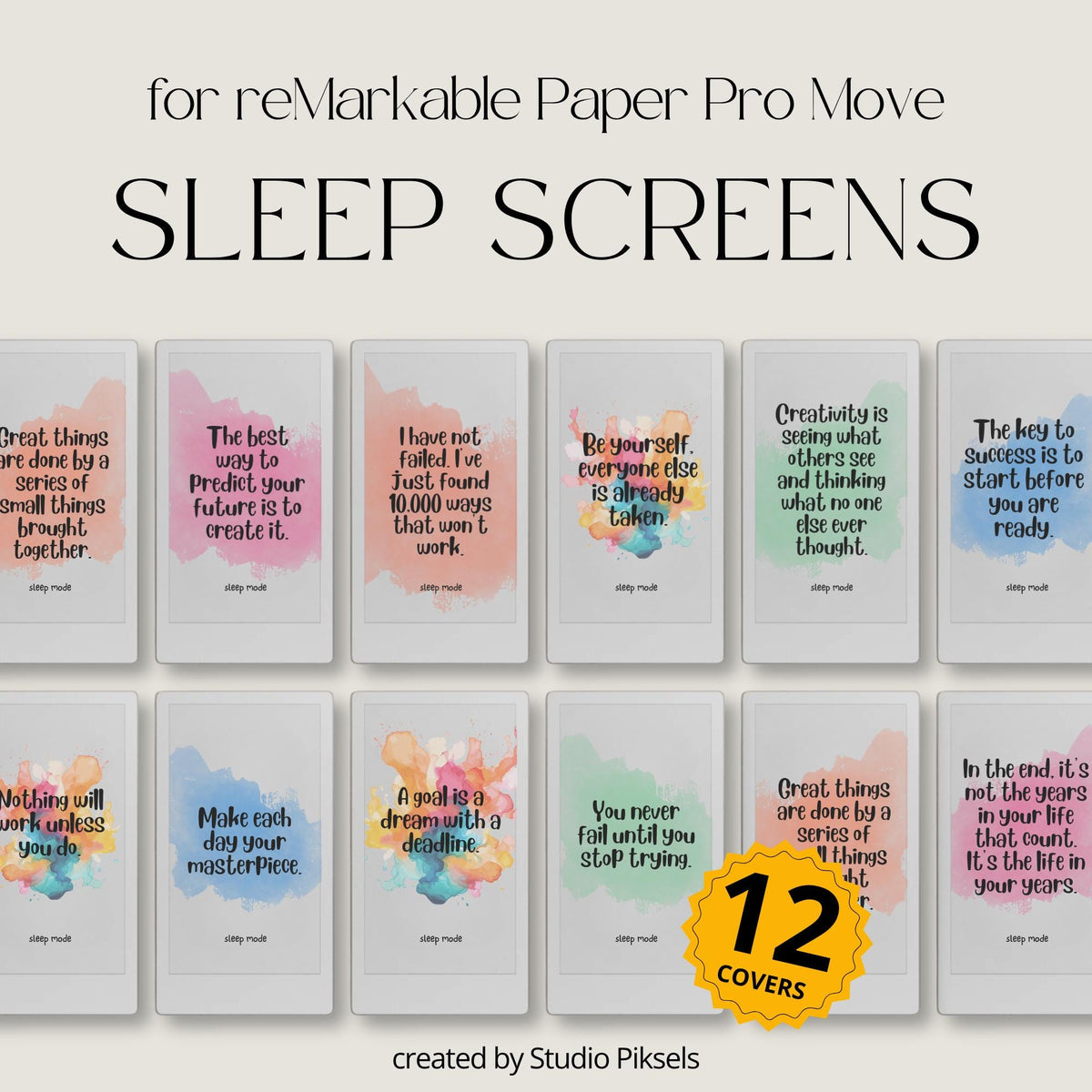 Customize your device with this Motivational Quote Sleep Screen Bundle designed for reMarkable Paper Pro Move. This collection includes 12 colorful sleep screens featuring inspirational quotes, watercolor backgrounds, and uplifting designs that add personality and motivation to your device during sleep mode.