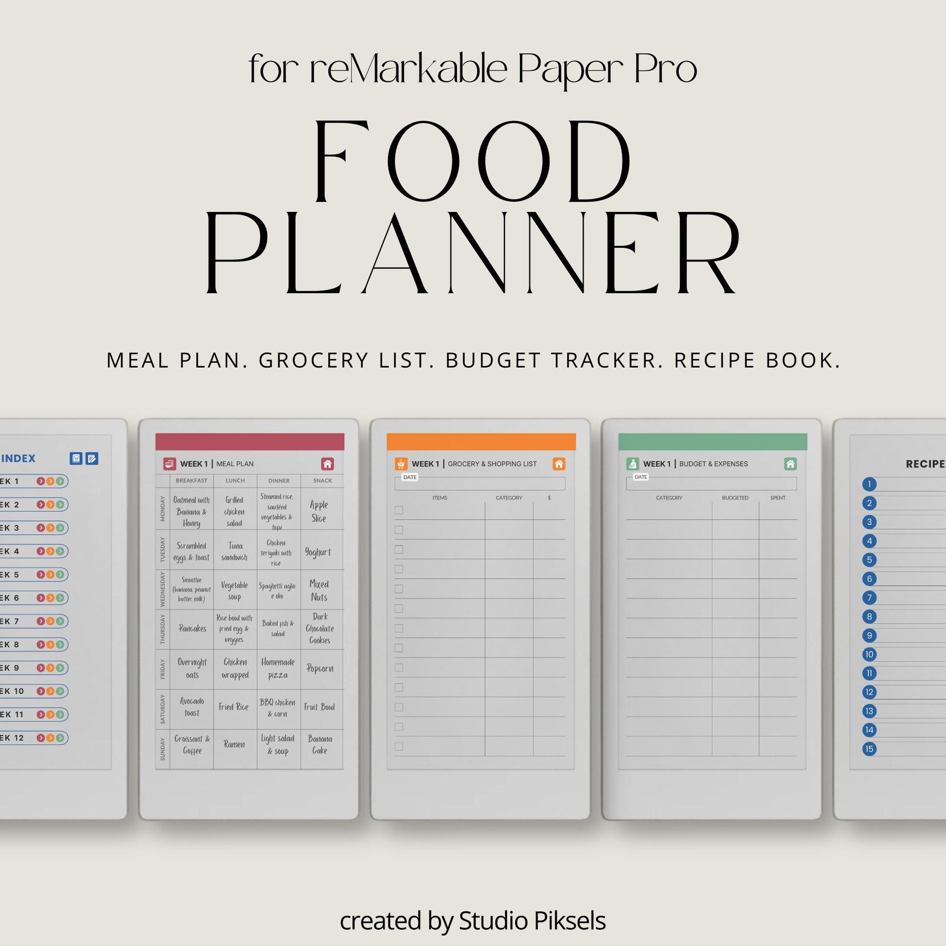 Plan weekly meals using a hyperlinked food planner on reMarkable Paper Pro Move.