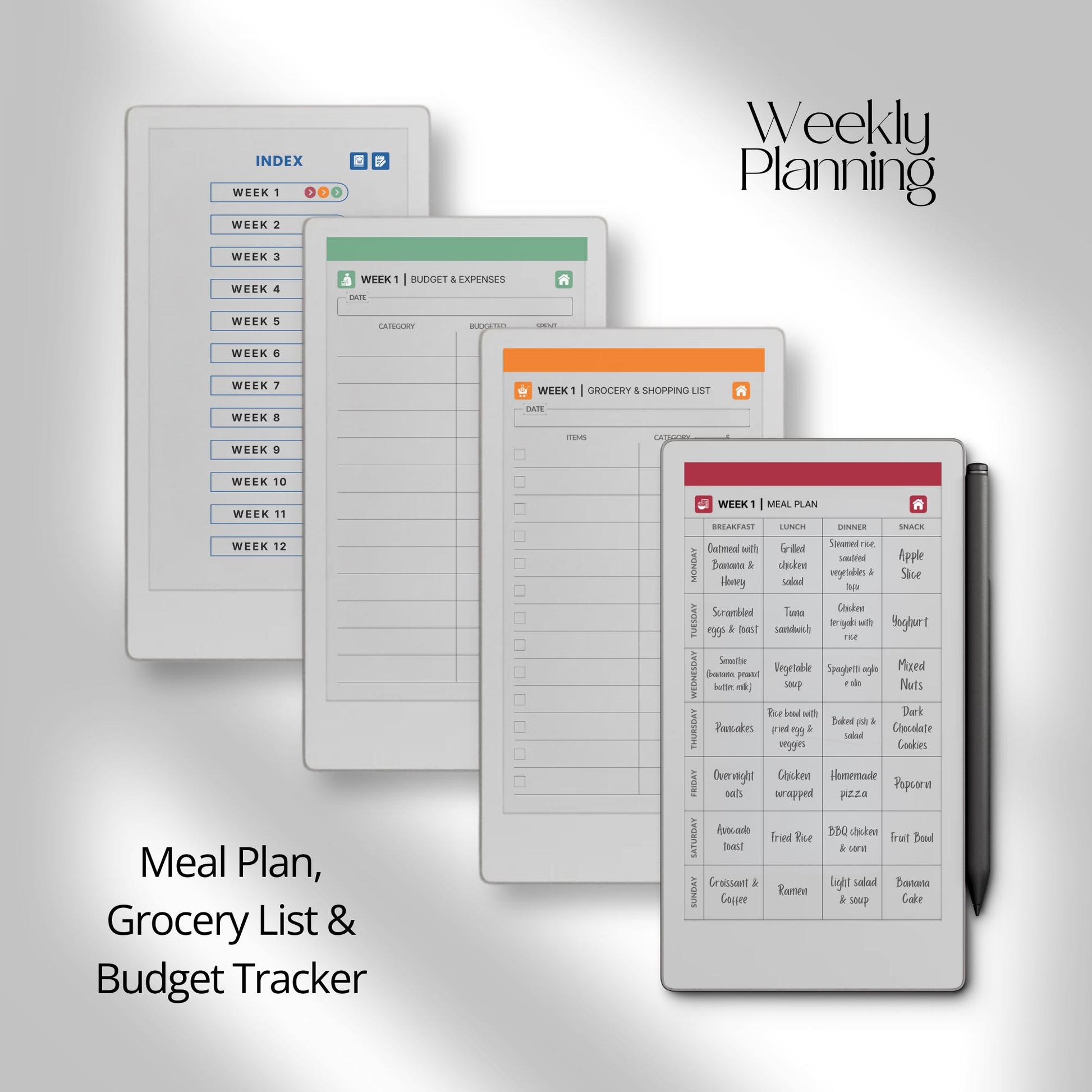 Plan weekly meals using a hyperlinked food planner on reMarkable Paper Pro Move.