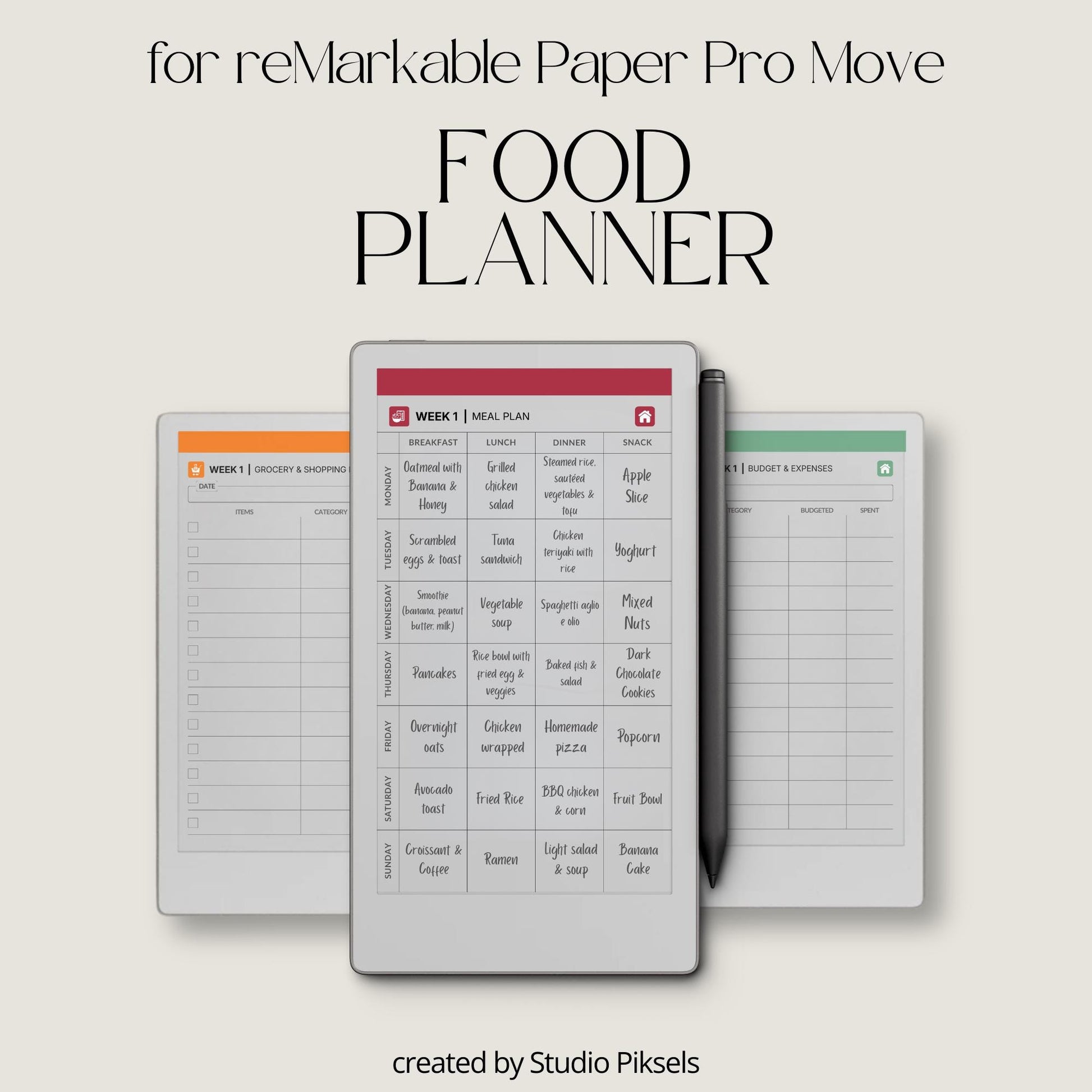 Plan weekly meals using a hyperlinked food planner on reMarkable Paper Pro Move.
