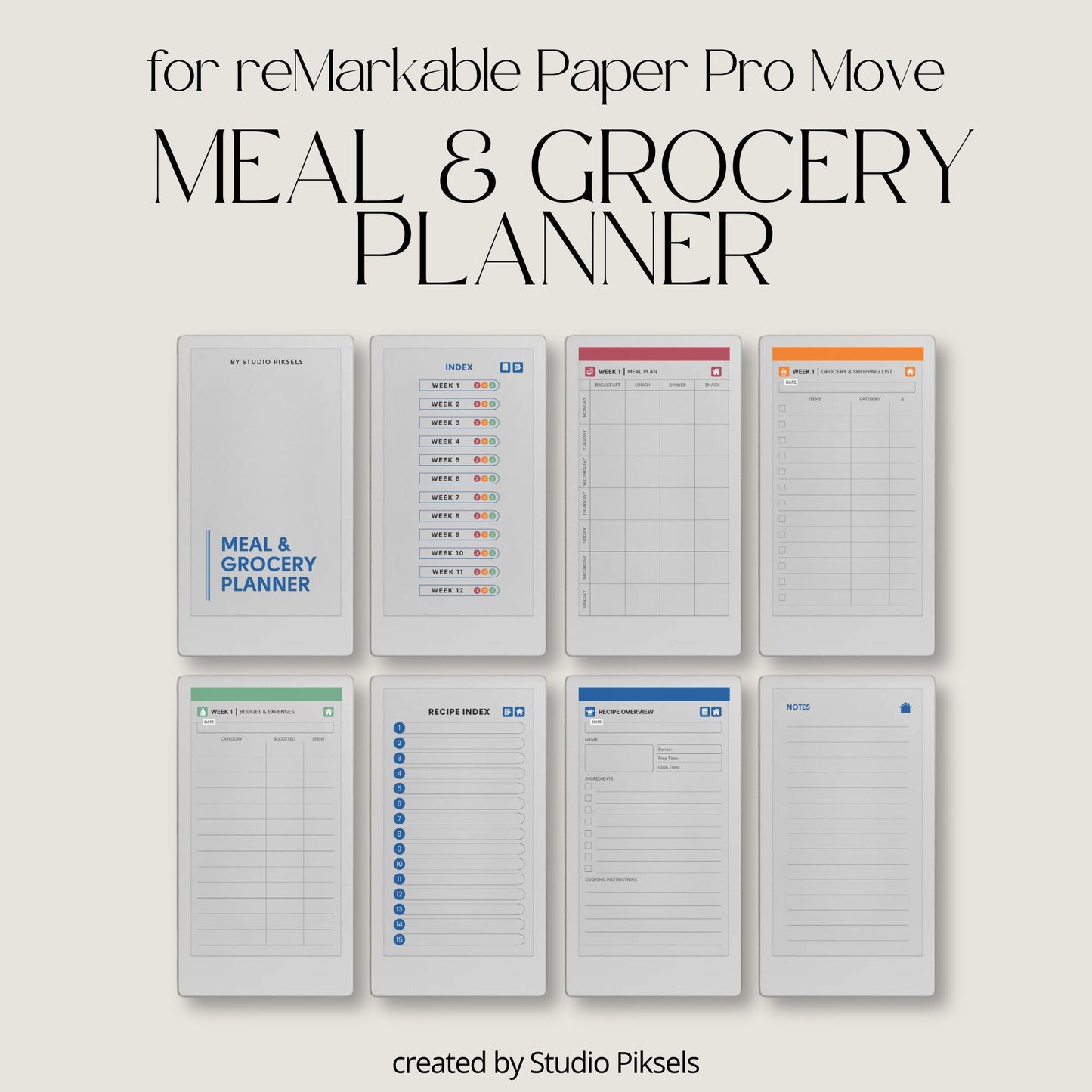 Plan weekly meals using a hyperlinked food planner on reMarkable Paper Pro Move.