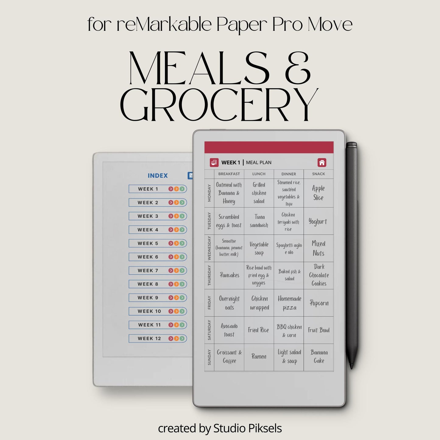 Plan weekly meals using a hyperlinked food planner on reMarkable Paper Pro Move.