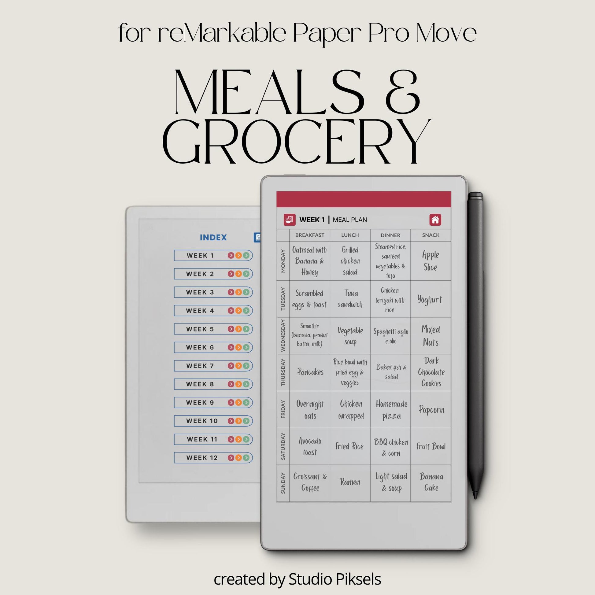 Plan weekly meals using a hyperlinked food planner on reMarkable Paper Pro Move.