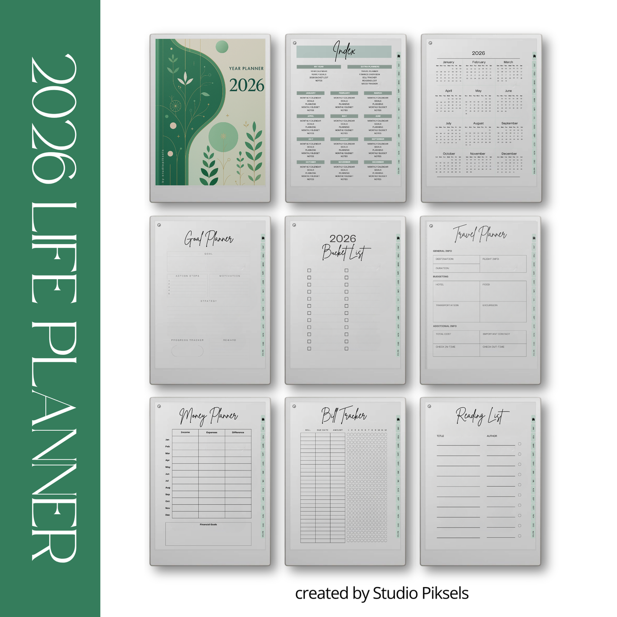 2026 + 2027 Ultimate Life Planner for reMarkable Paper Pro featuring hyperlinked yearly goals, monthly planning, budgeting, habit tracking, travel, and notes pages.