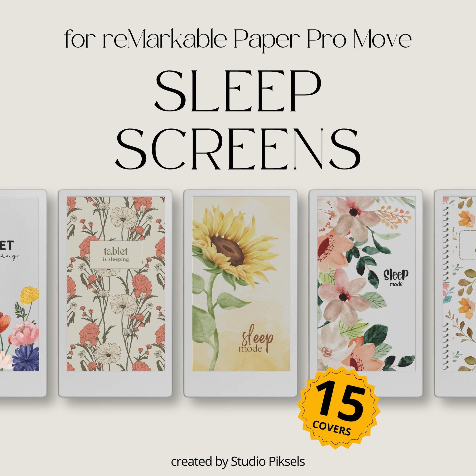 Enhance your reMarkable Paper Pro Move with this floral sleep screen bundle. Each design features soft, colorful flowers and botanical artwork, bringing a natural and calming aesthetic to your device.