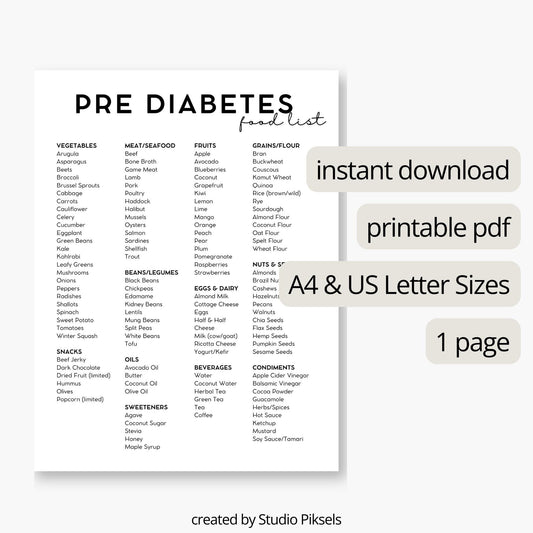 Pre Diabetic Food List Printable A4 & US Letter Size