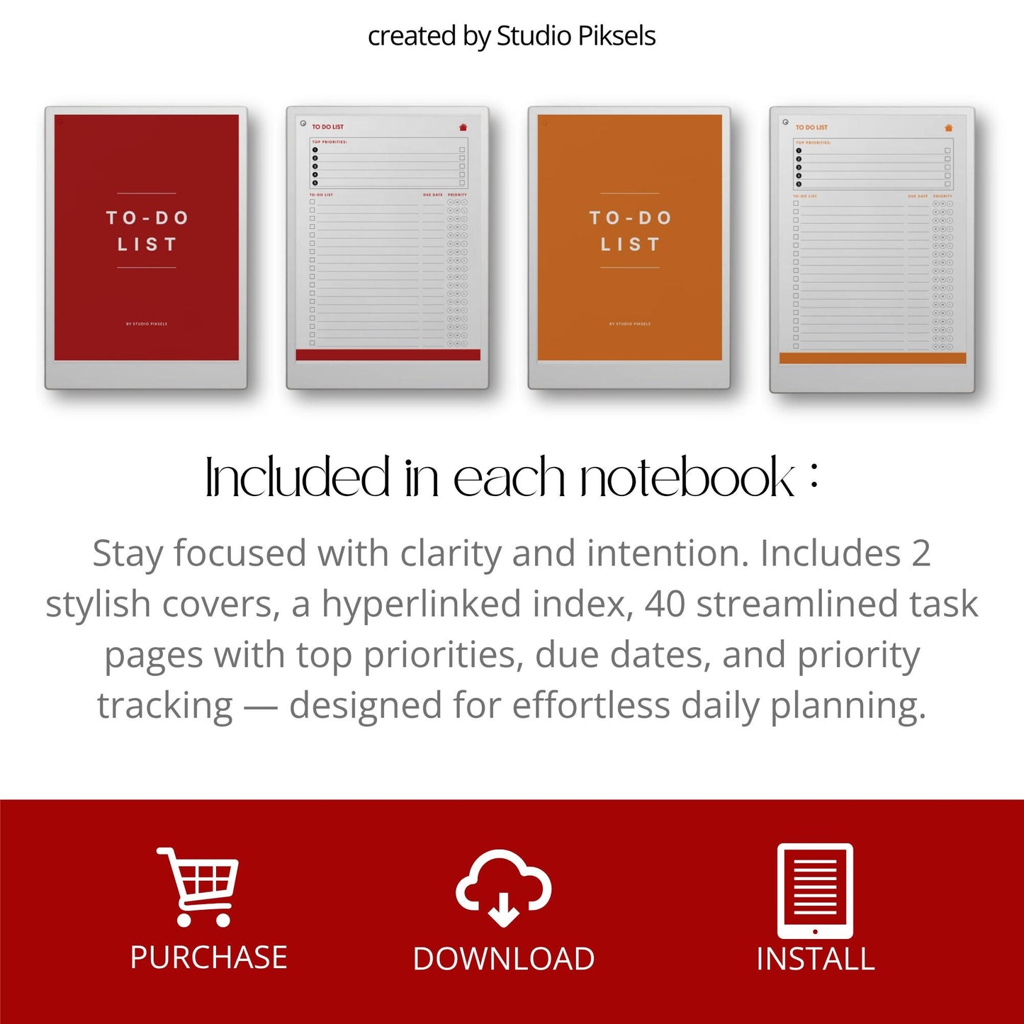 To do list notebook bundle for reMarkable Paper Pro with hyperlinked index and priority based task pages.