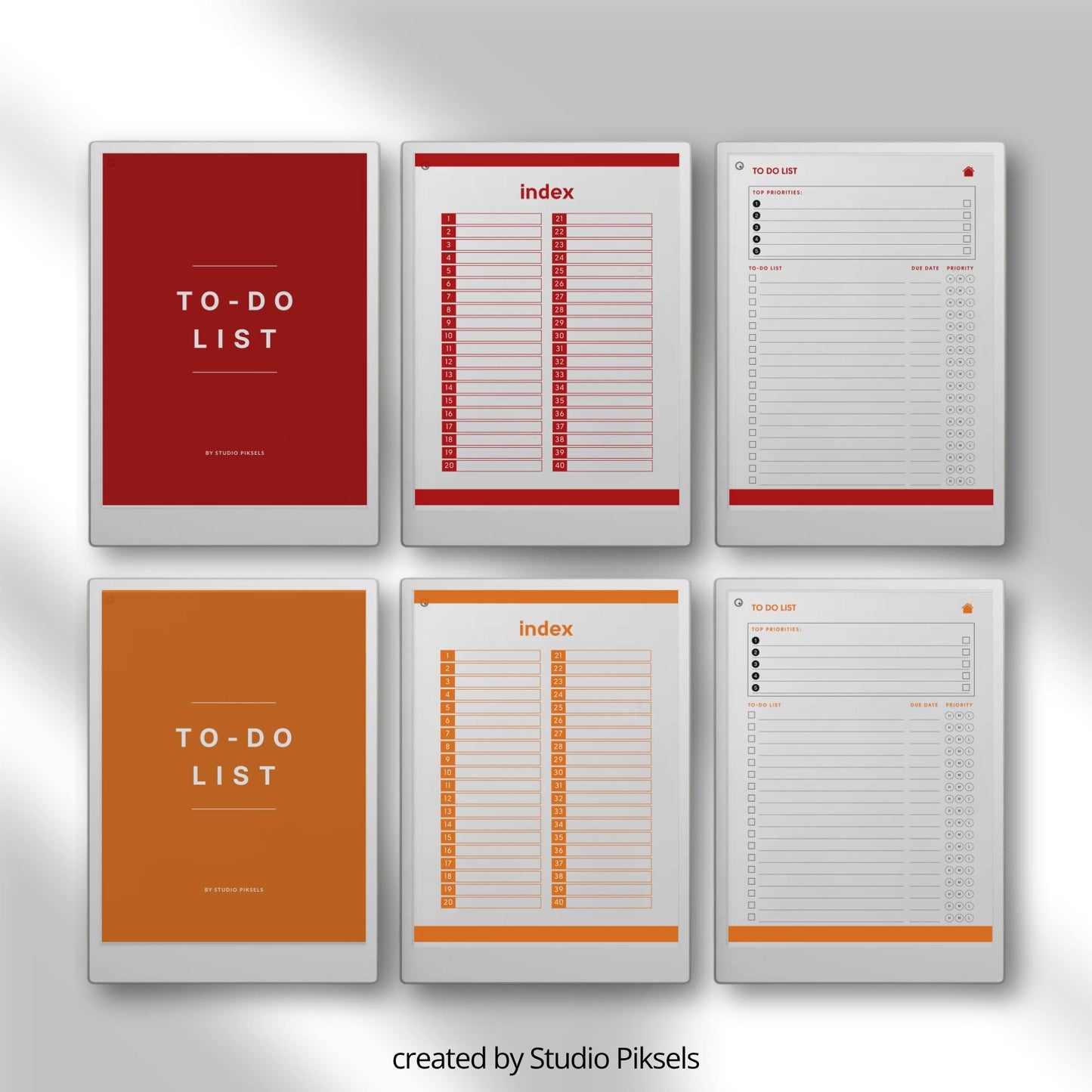 To do list notebook bundle for reMarkable Paper Pro with hyperlinked index and priority based task pages.