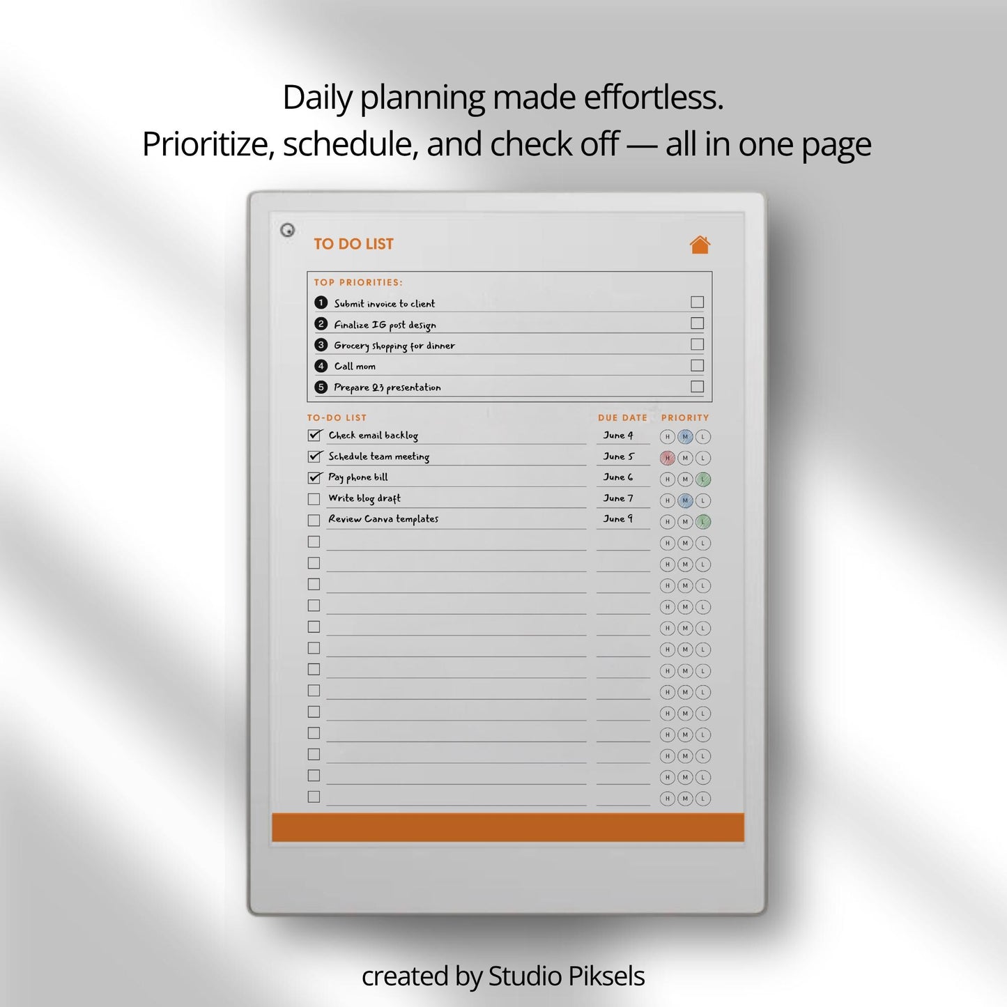 To do list notebook bundle for reMarkable Paper Pro with hyperlinked index and priority based task pages.