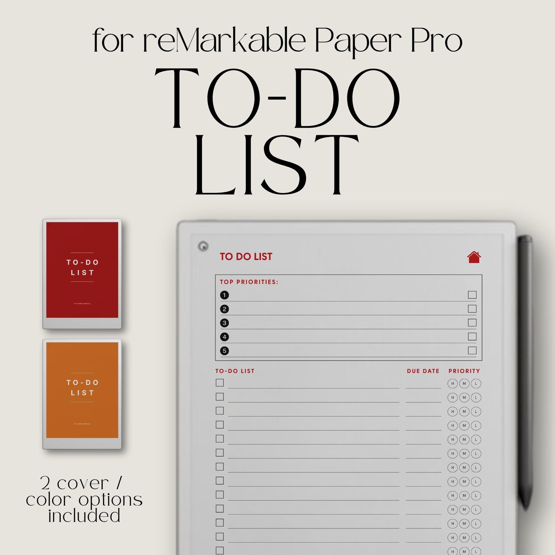 To do list notebook bundle for reMarkable Paper Pro with hyperlinked index and priority based task pages.