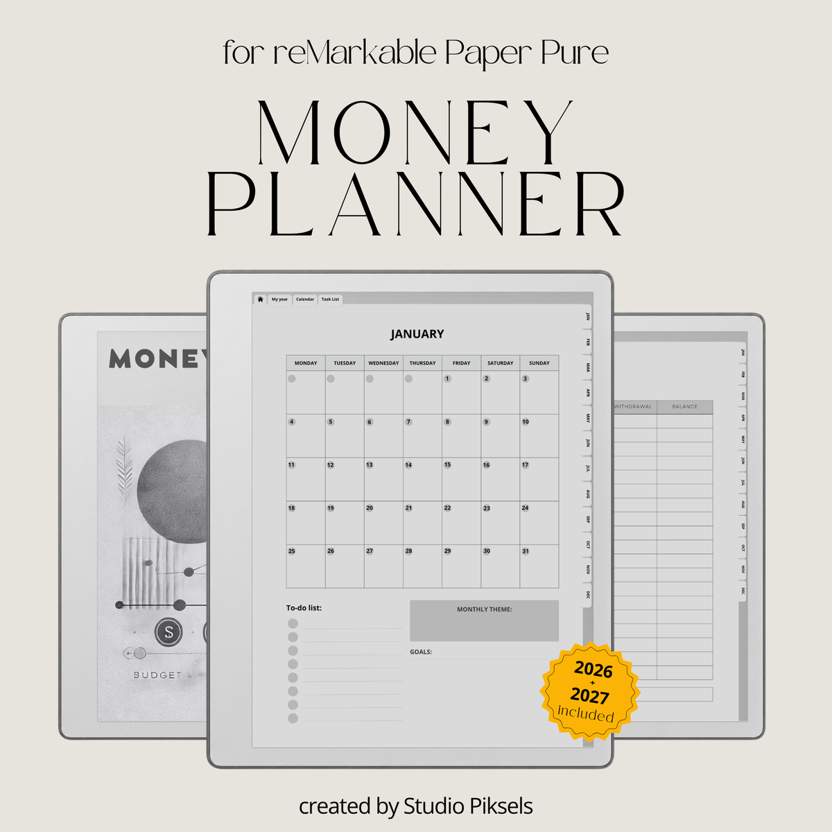 2026 + 2027 Budget Planner for reMarkable 2 and Paper Pure to track expenses, manage budgets, monitor savings, and organize financial goals.