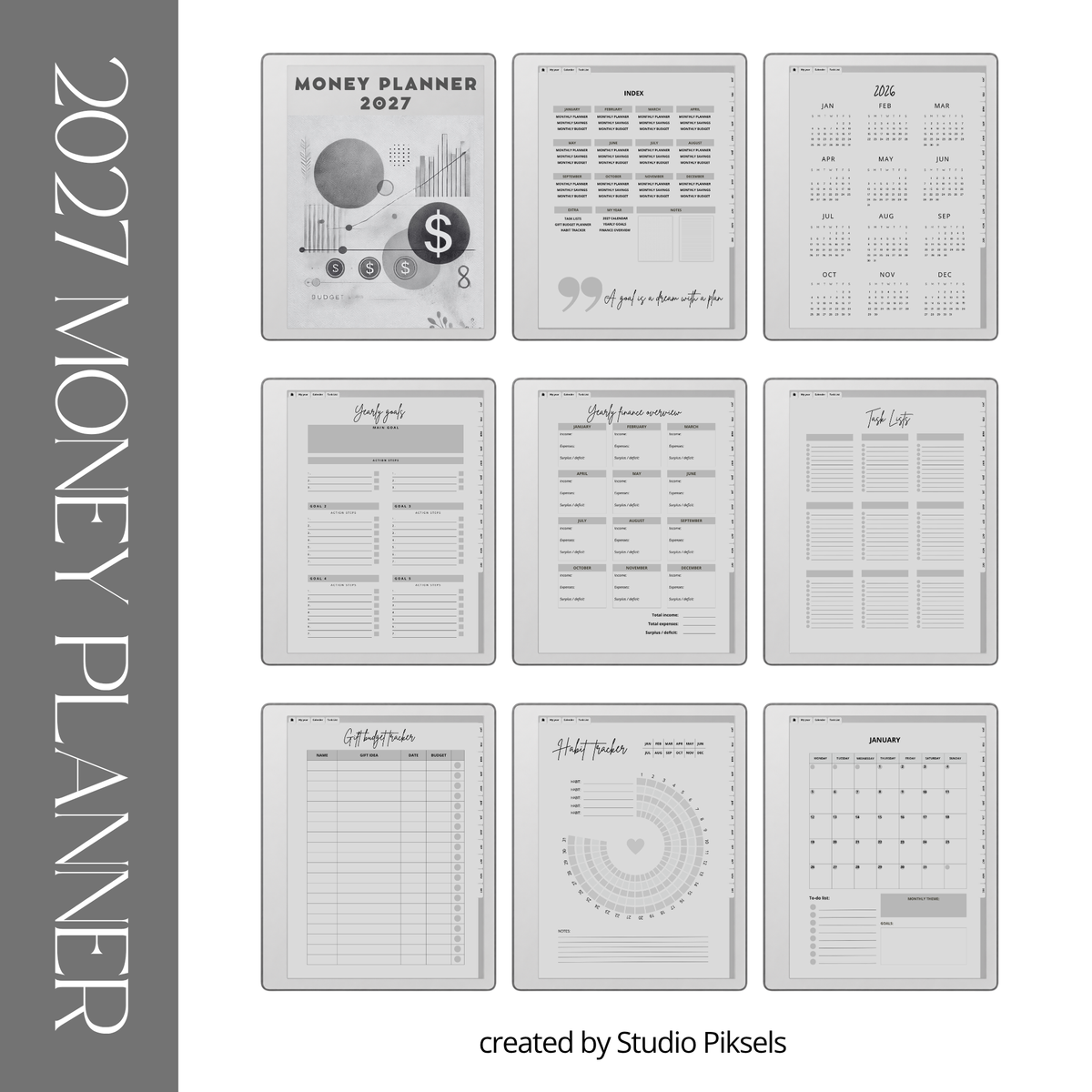2026 + 2027 Budget Planner for reMarkable 2 and Paper Pure to track expenses, manage budgets, monitor savings, and organize financial goals.