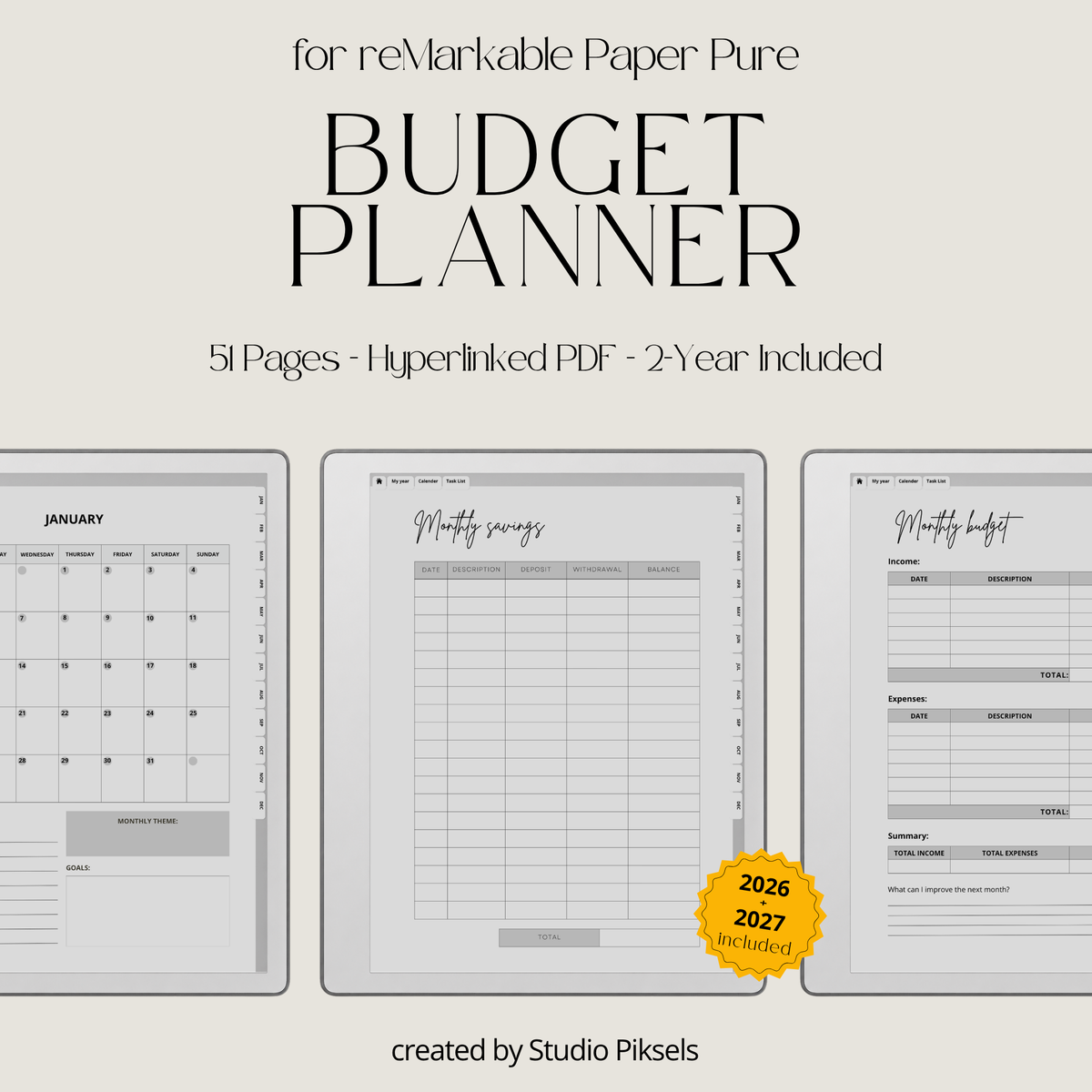 2026 + 2027 Budget Planner for reMarkable 2 and Paper Pure to track expenses, manage budgets, monitor savings, and organize financial goals.
