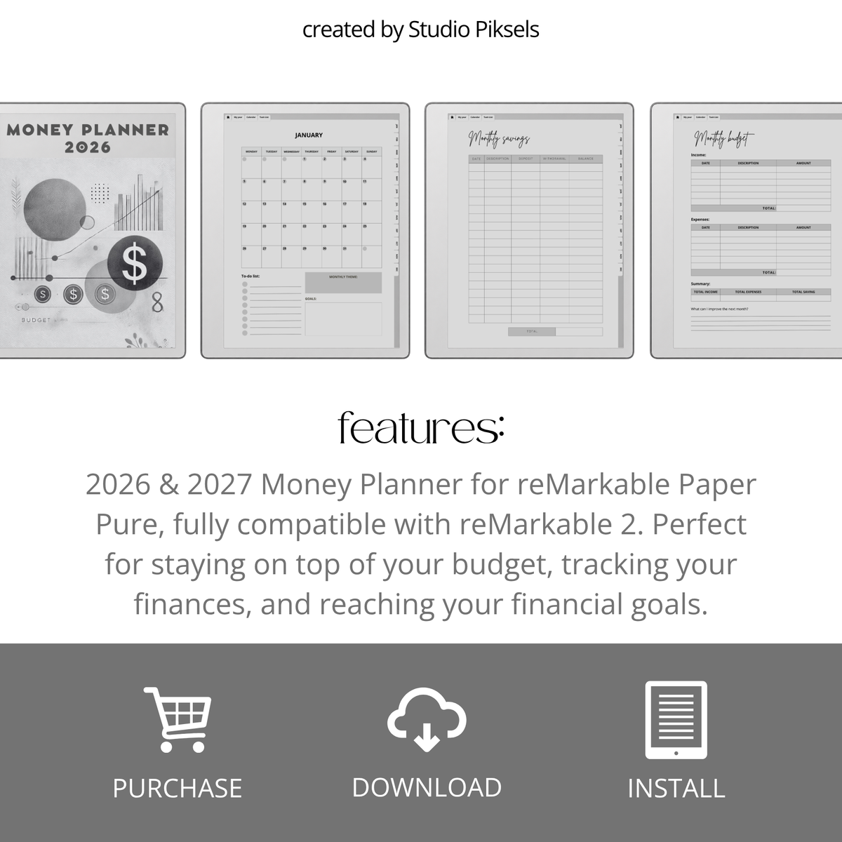 2026 + 2027 Budget Planner for reMarkable 2 and Paper Pure to track expenses, manage budgets, monitor savings, and organize financial goals.