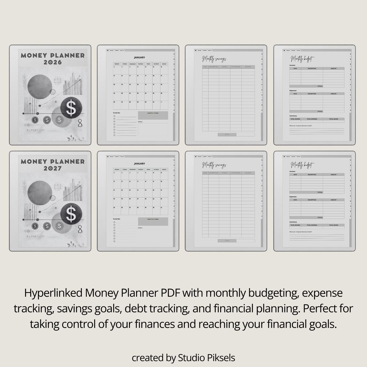 2026 + 2027 Budget Planner for reMarkable 2 and Paper Pure to track expenses, manage budgets, monitor savings, and organize financial goals.